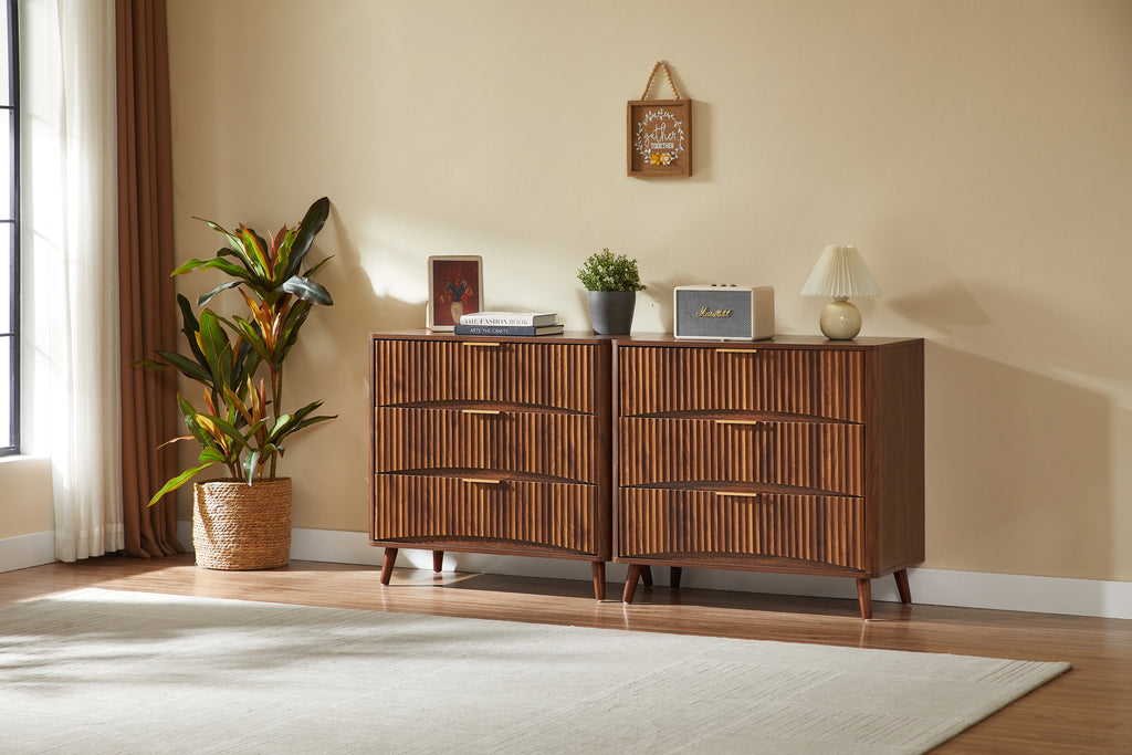 Fluted 3 Drawer Dresser Set of 2, Mid-Century Modern Tall Chest of Drawers with Vertical Grooved Design, Solid Wood Storage Cabinet with Metal Handles for Bedroom Living Room, Walnut - Grand Goldman Shop