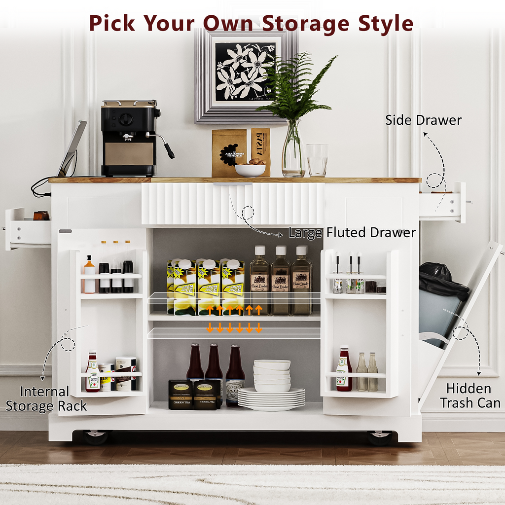 K&K Fluted Kitchen Island with Trash Can Storage Cabinet, Power Outlet, Internal Storage Rack, Rolling Kitchen Islands on 5 Wheels with 3 Drawer, 3 Open Side Racks for 10 Gallon Garbage Bin, White - Grand Goldman Shop