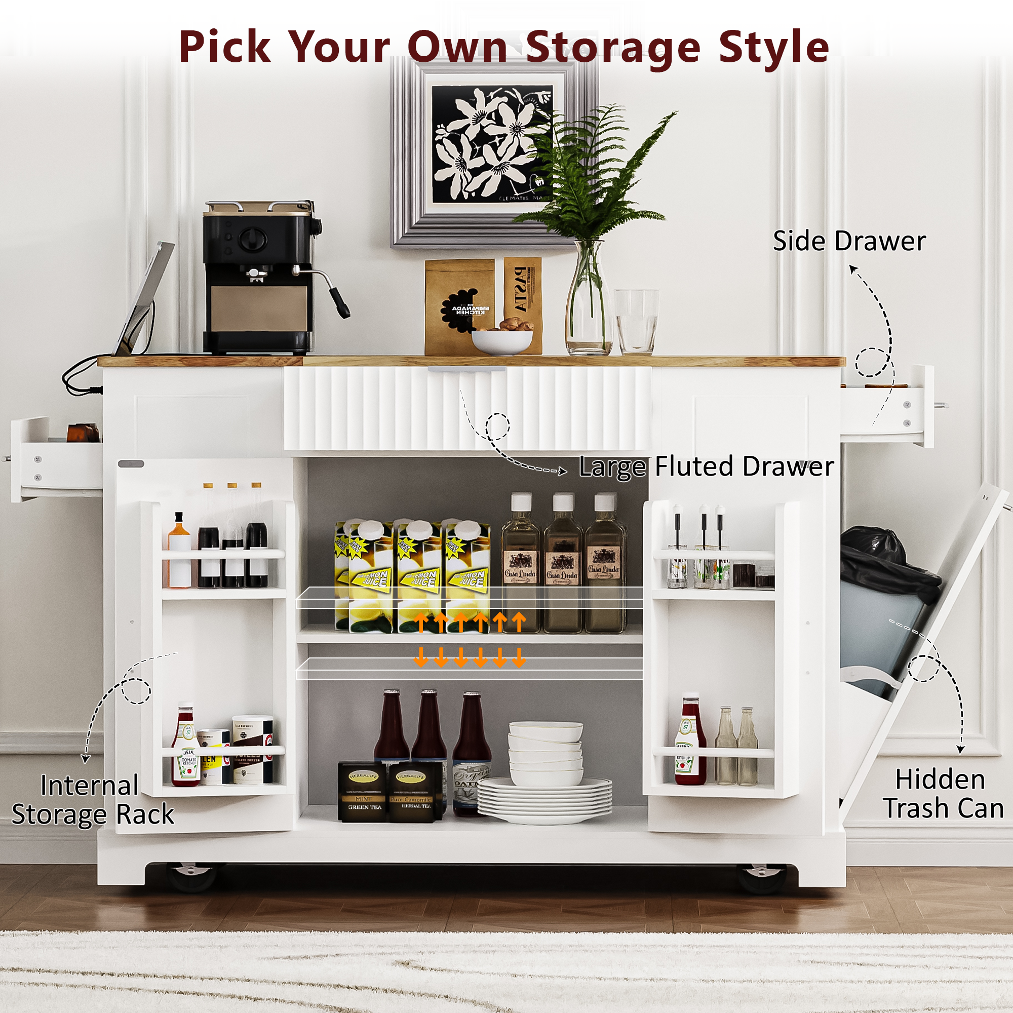 K&K Fluted Kitchen Island with Trash Can Storage Cabinet, Power Outlet, Internal Storage Rack, Rolling Kitchen Islands on 5 Wheels with 3 Drawer, 3 Open Side Racks for 10 Gallon Garbage Bin, White - Grand Goldman Shop