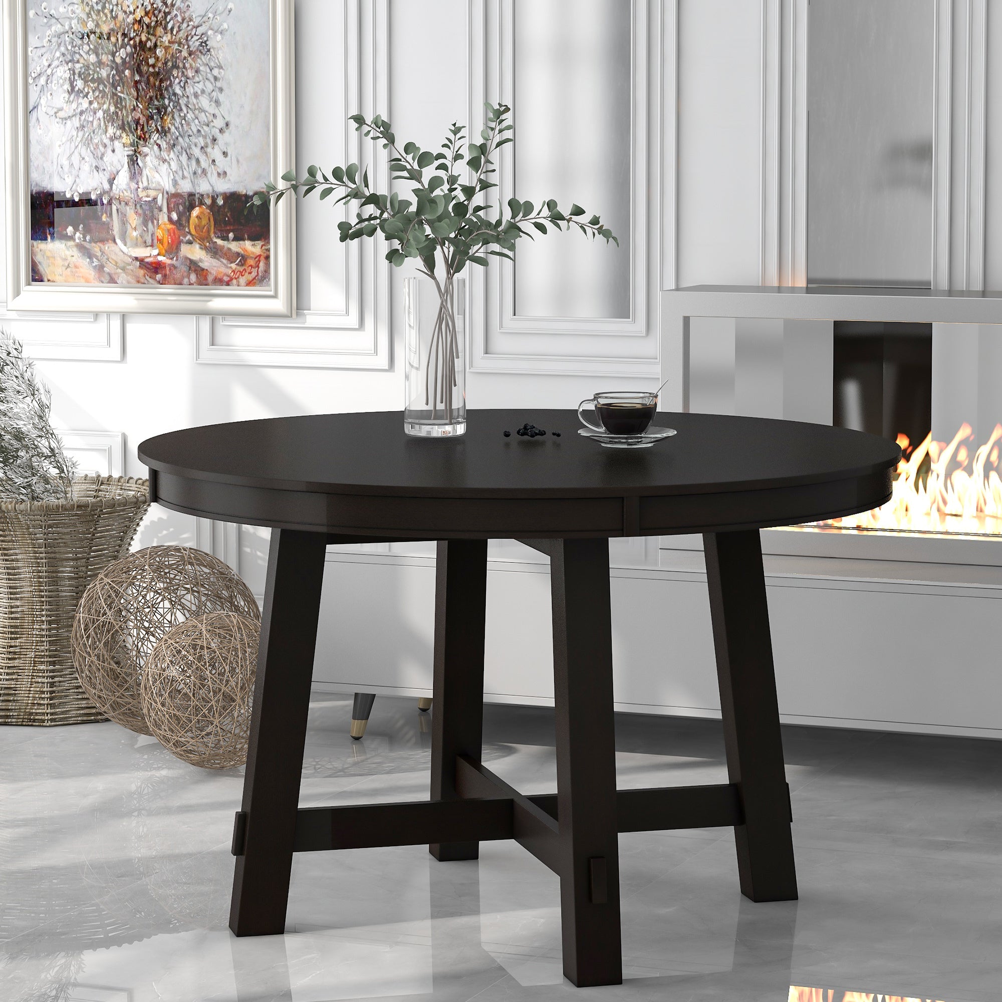Gia Round Extendable Dining Table with 16' Leaf Wood, Espresso - Grand Goldman Shop