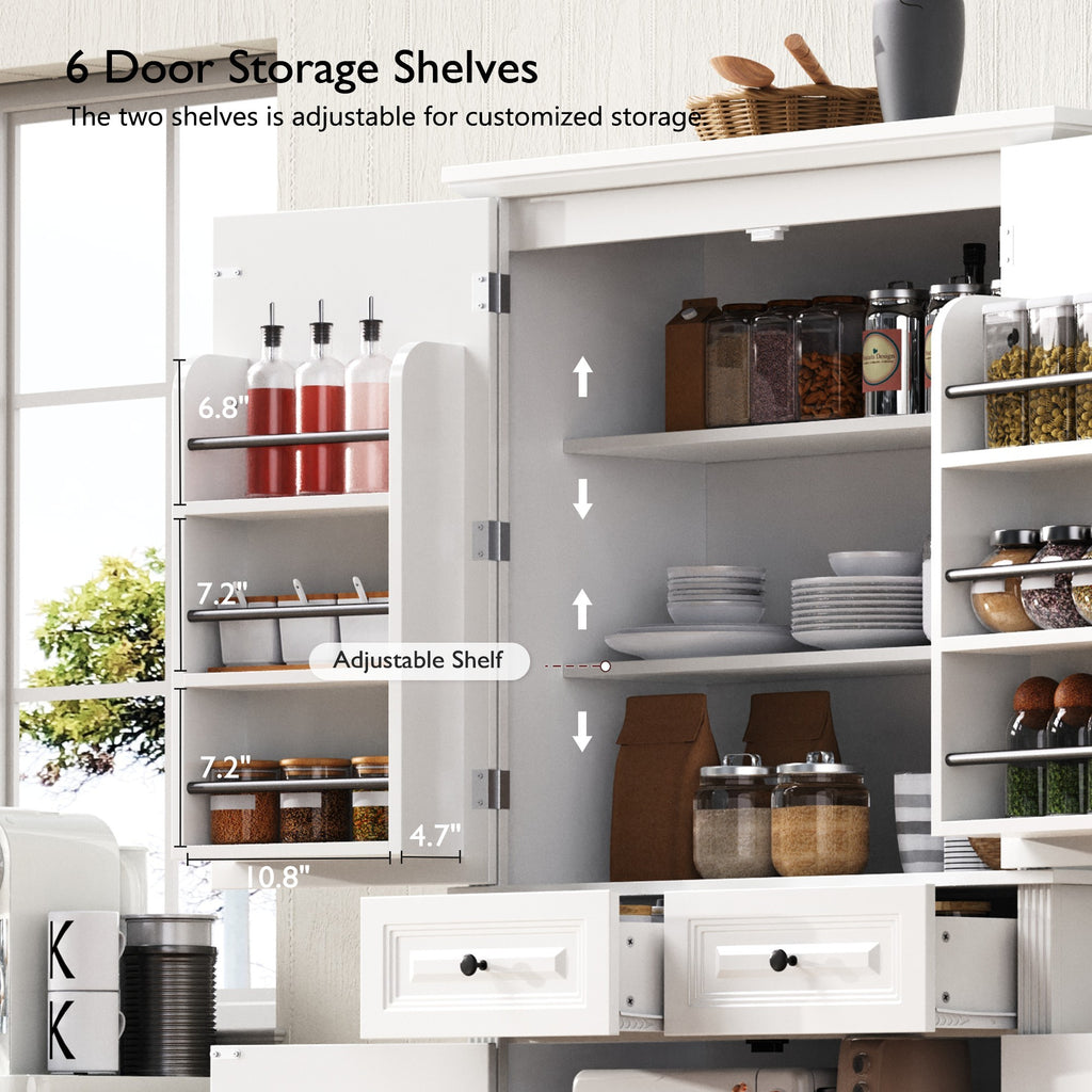 K&K 71' Tall Kitchen Pantry Cabinet with 3 Pull Out Cabinet Organizers, Farmhouse Embossed Texture Storage Cabinet with 6 Door Shelves, 2 Drawers, Freestanding Cupboard for Kitchen, Dining Room White - Grand Goldman Shop