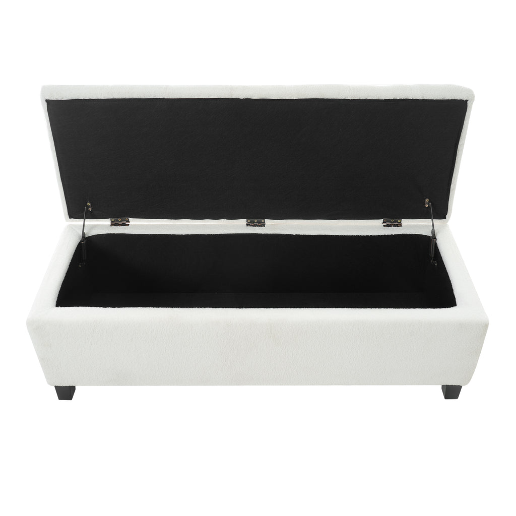 Ottoman Bench with Storage, White Boucle Surface, Rubber Wood Legs, 300 lbs Capacity - Grand Goldman Shop