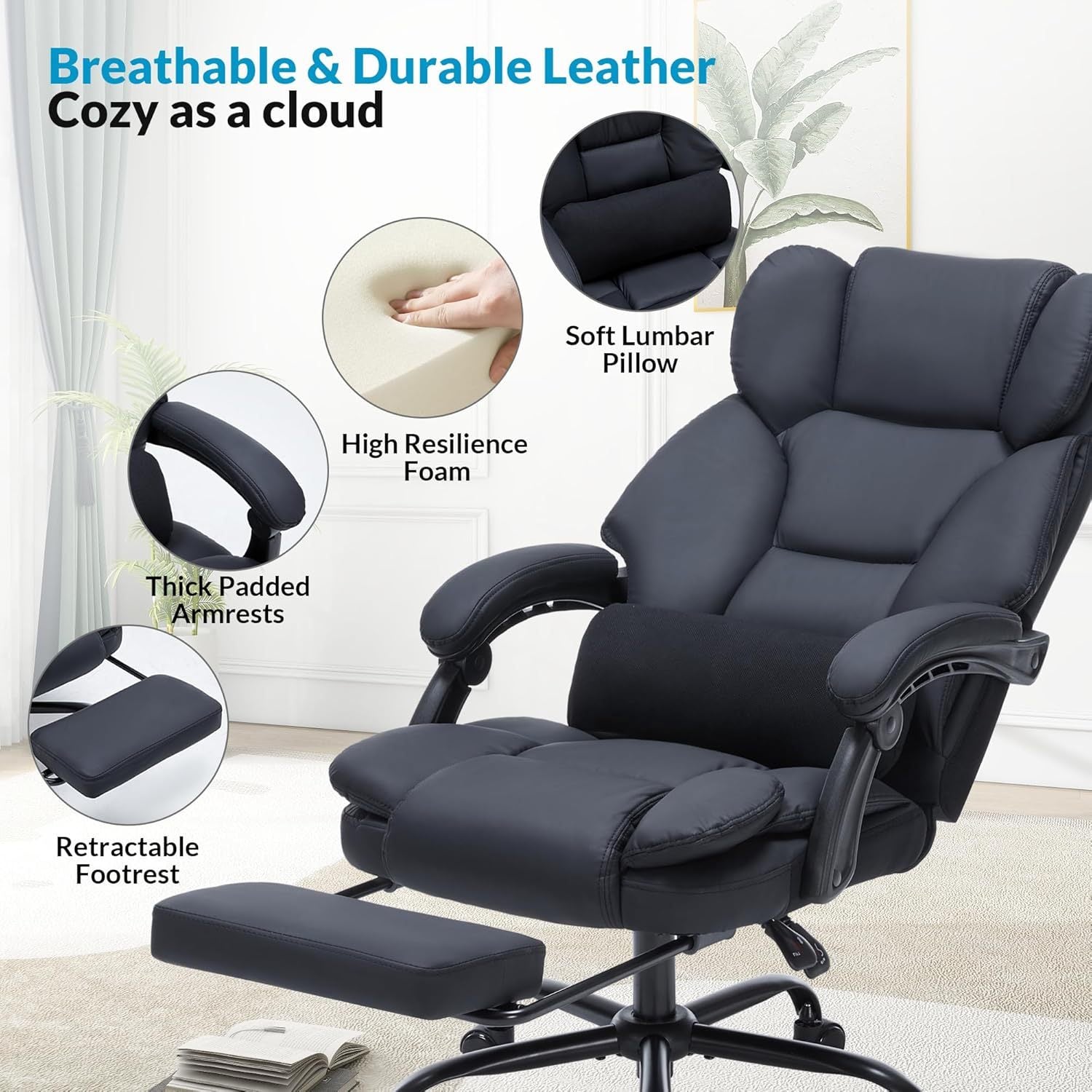 Office Chair with Foot Rest, Executive Office Chair with Arms, Reclining Computer Chair with Wheels and Lumbar Support, PU Le