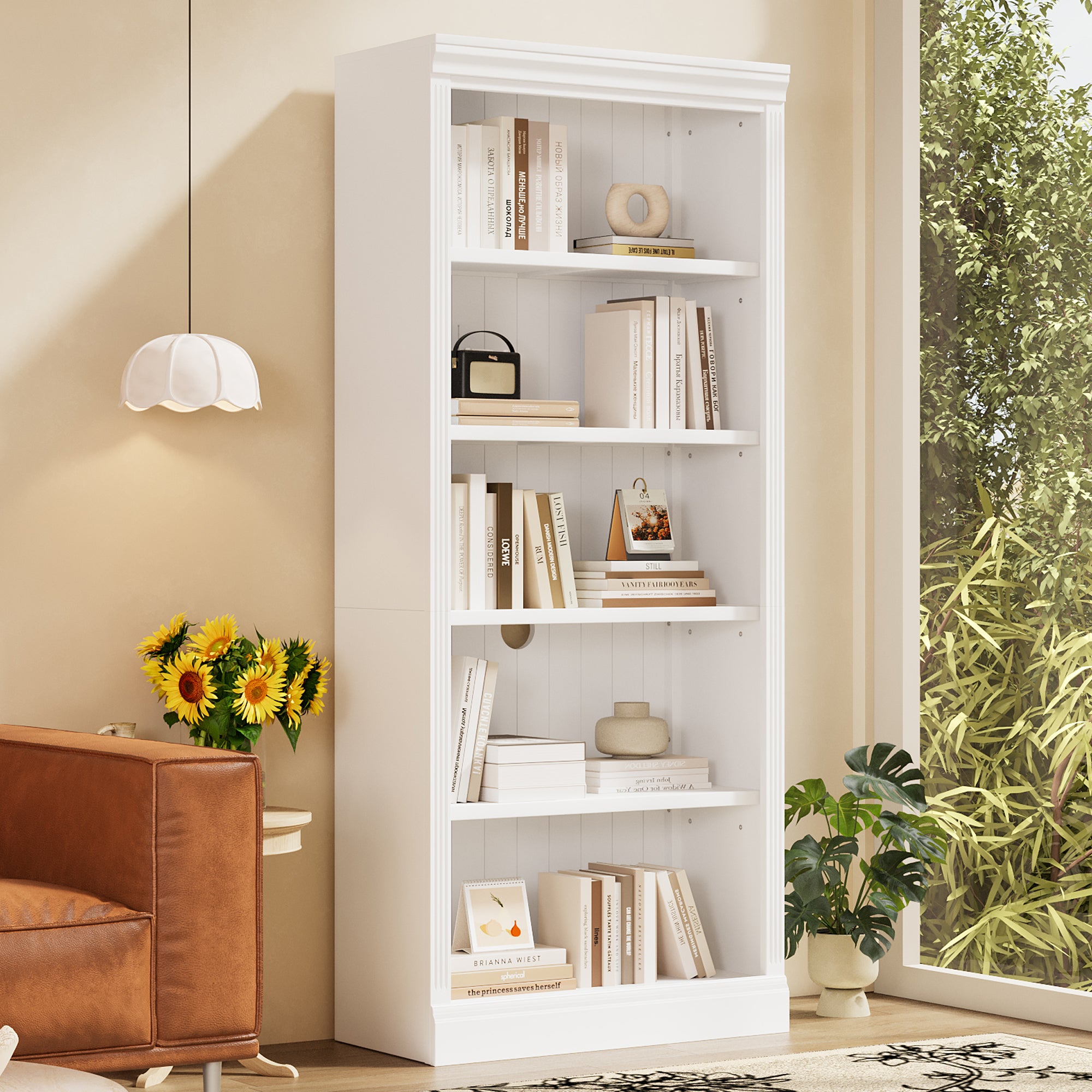 83.4' Tall Wood Bookcase with light strip,5-Tier Decor Bookshelves with Adjustable Shelves,Storage Organizer for CDs/Books,Free Standing Storage Shelves for Living Room,Home Office,White - Grand Goldman Shop
