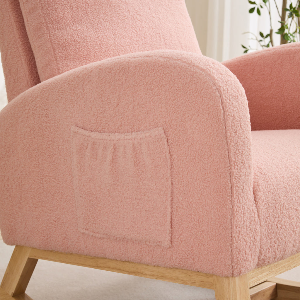 27.2'W Rocking Chair for Nursery, Sherpa Glider Chair with High Back and Side Pocket, Rocking Accent Armchair with Rubber Wood Legs for Living Room/Bedroom.Pink - Grand Goldman Shop