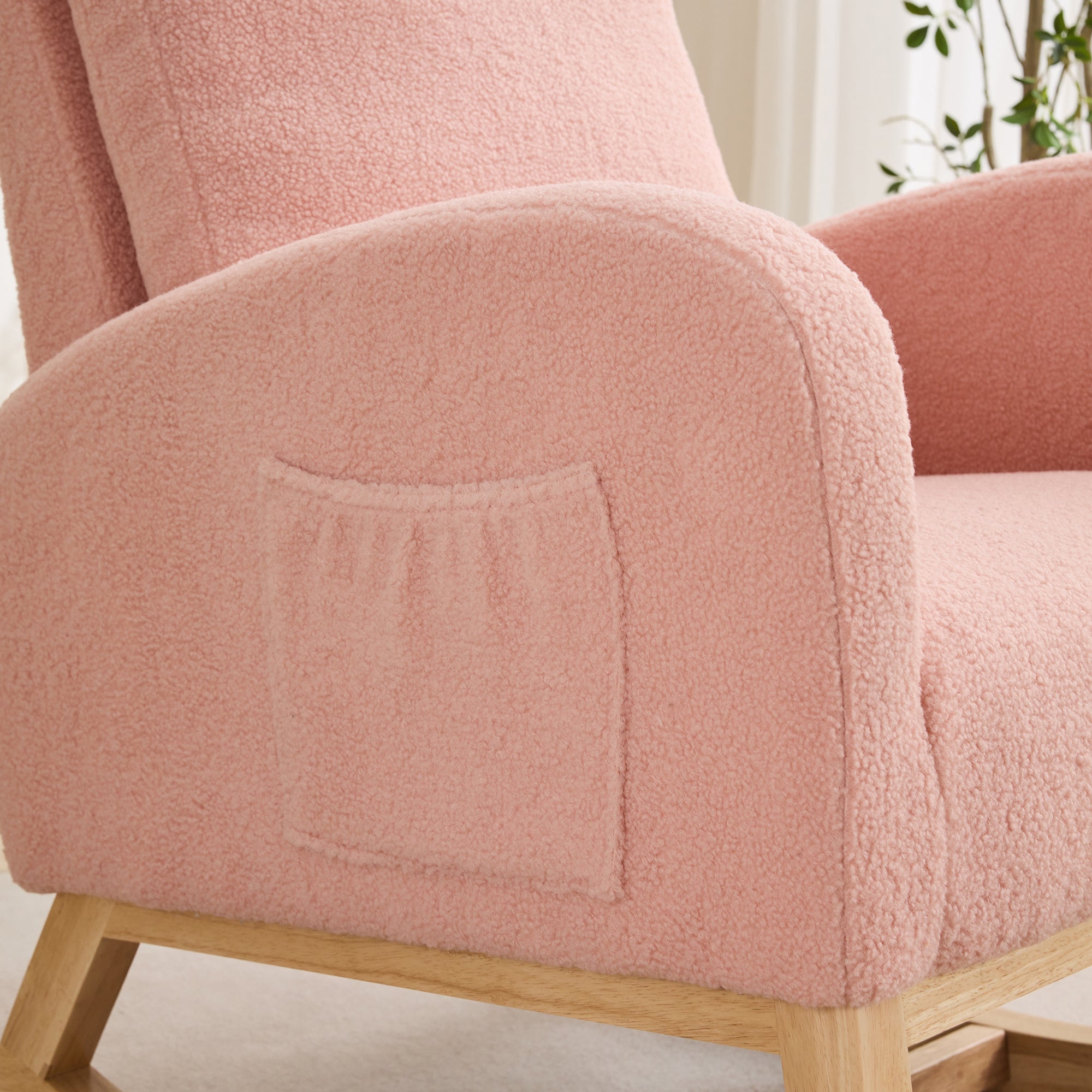 27.2'W Rocking Chair for Nursery, Sherpa Glider Chair with High Back and Side Pocket, Rocking Accent Armchair with Rubber Wood Legs for Living Room/Bedroom.Pink - Grand Goldman Shop