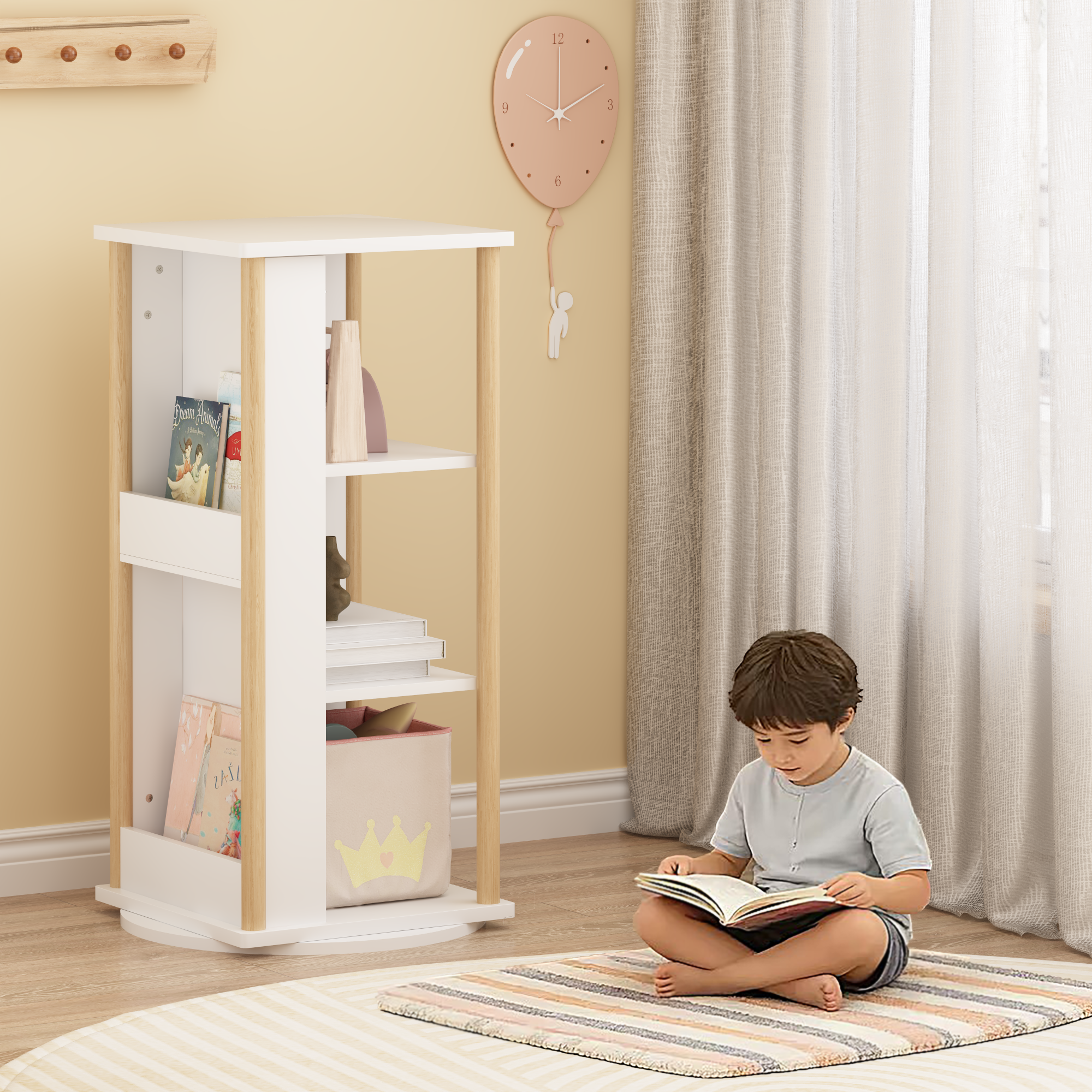 360° Rotating Kids Bookshelf with Chalkboard, 3-Tier Wood Floor Revolving Bookcase & Toy Storage Organizer, Picture Book Disp