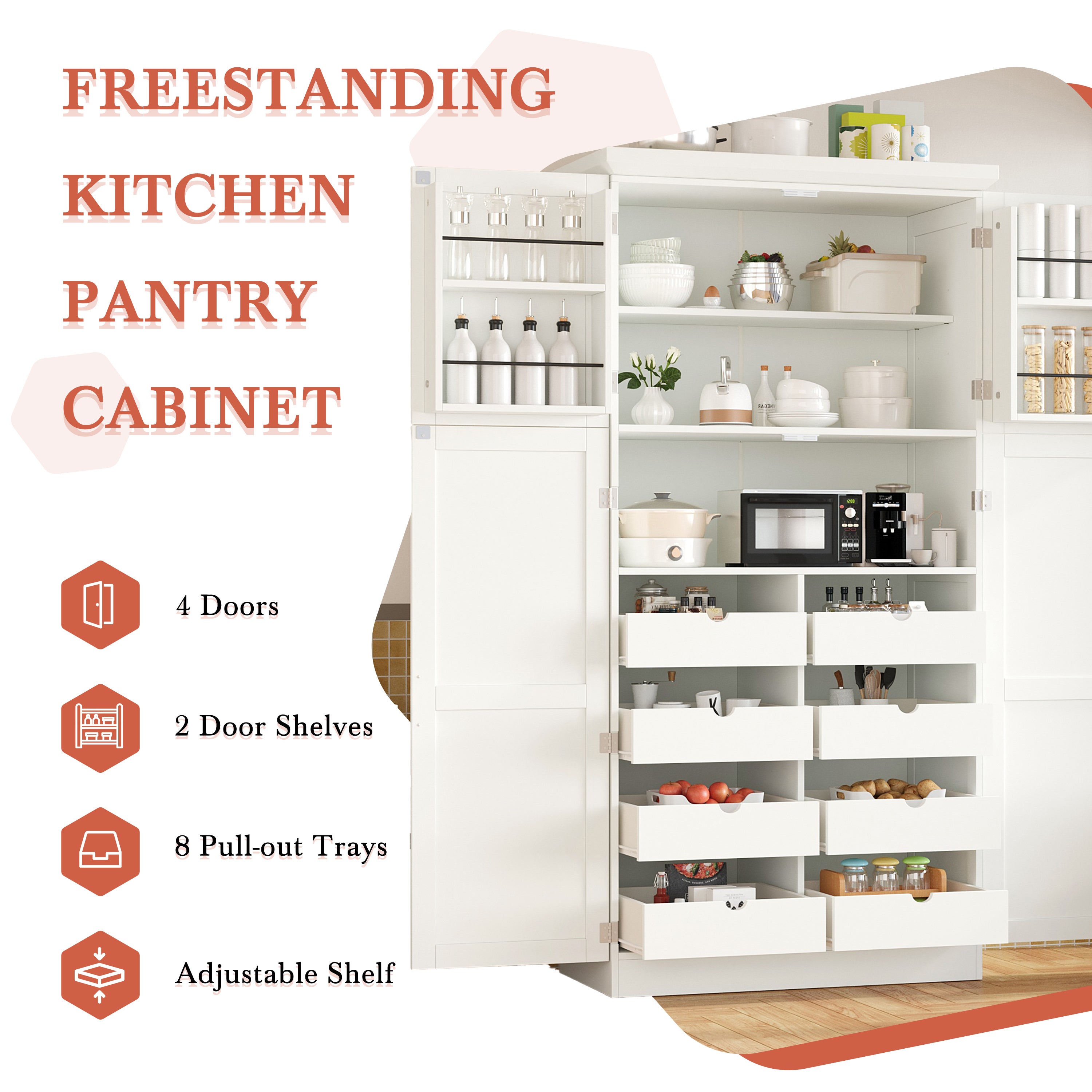 [Assembly Video Provided] TOPMAX 35.5x17.6x70.9inch Freestanding Kitchen Pantry Cabinet, Tall Storage Cabinet with 4 Doors, 2 Door Shelves, 8 Pull-out Trays and Adjustable Shelf for Dining Room, White - Grand Goldman Shop