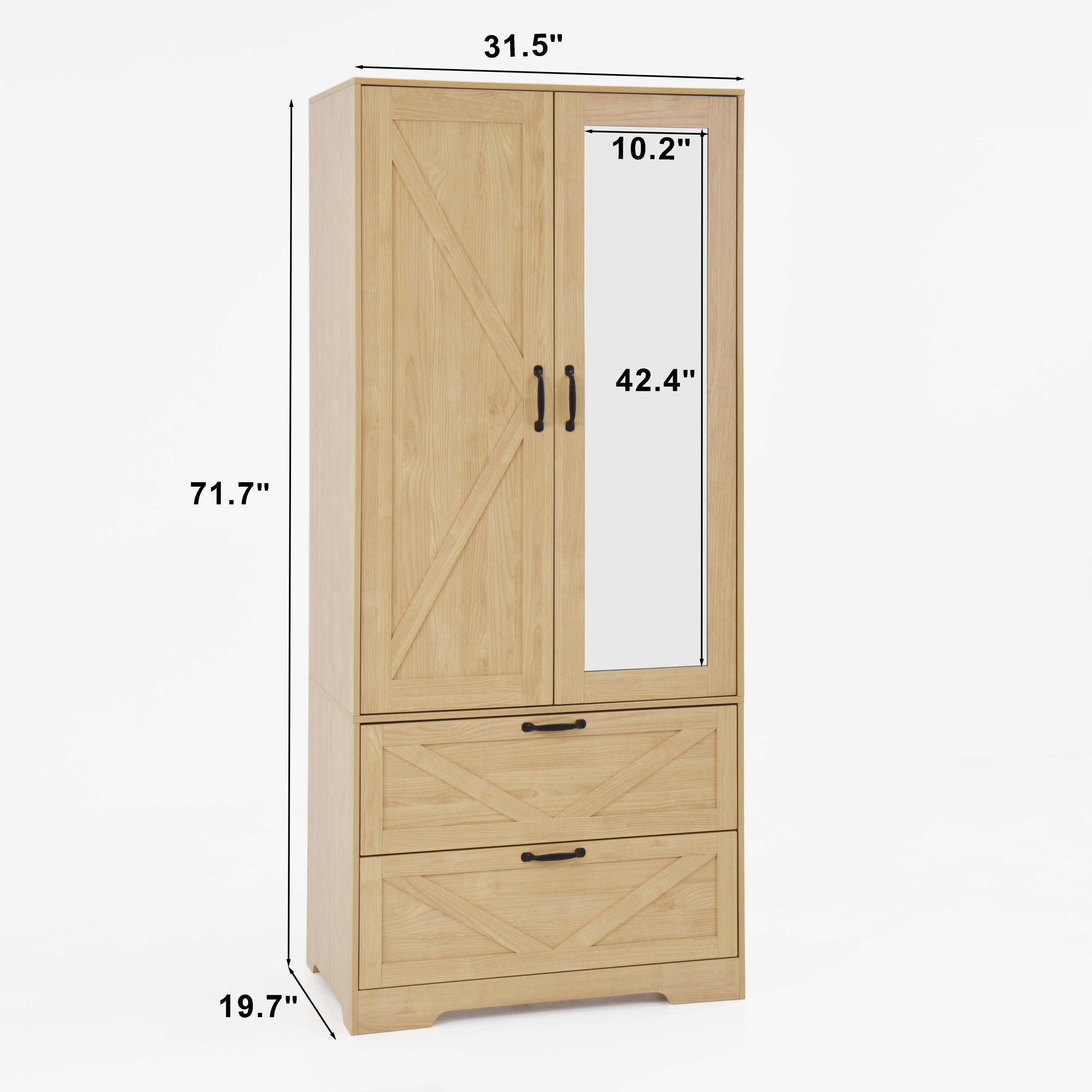 2 Door Wood Wardrobe for Bedroom with Hanging Clothing Rod inside the Cabinet and 2 Drawers for Storage Organization, Built-in induction light Multifunctional Closet with Mirror, Natural - Grand Goldman Shop