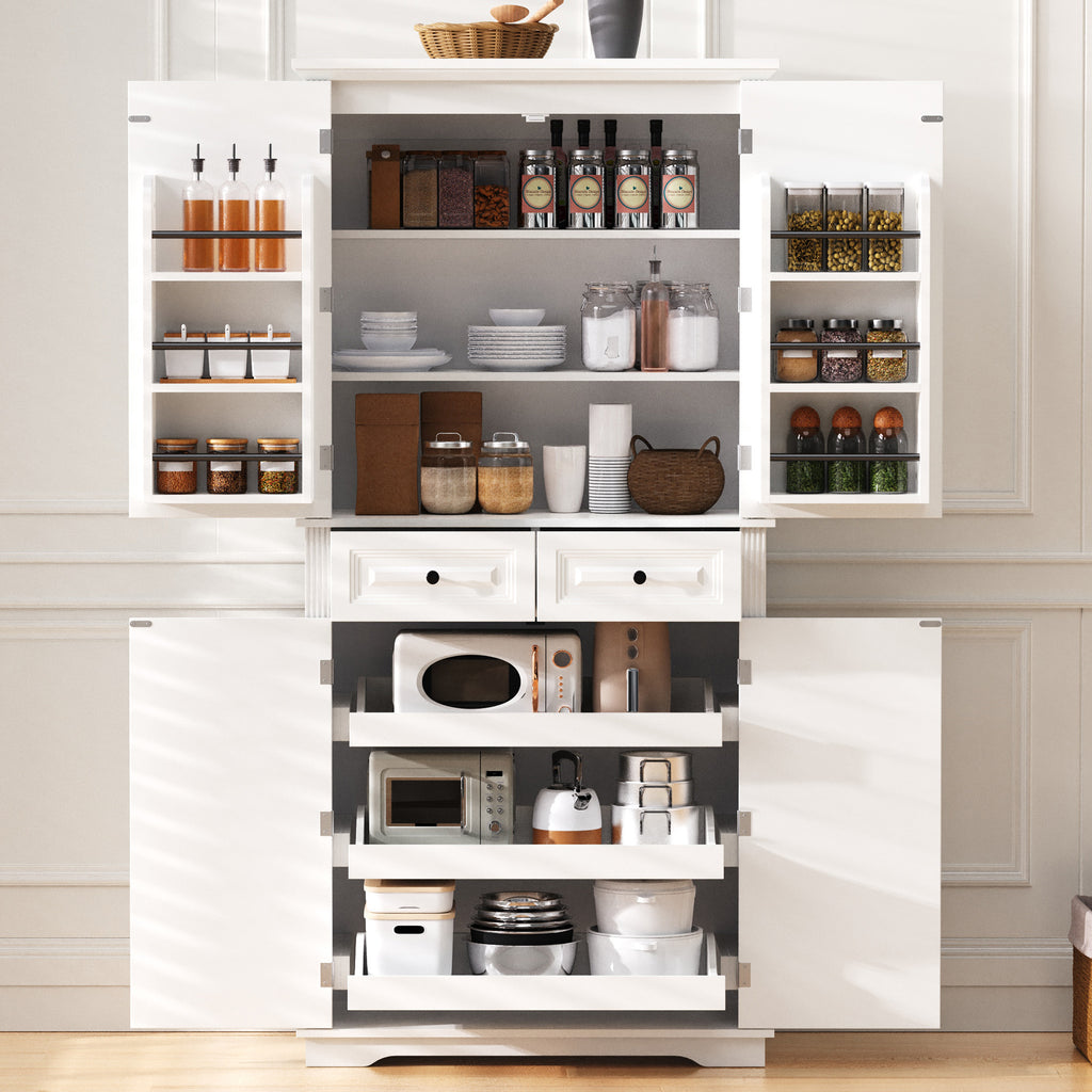 K&K 71' Tall Kitchen Pantry Cabinet with 3 Pull Out Cabinet Organizers, Farmhouse Embossed Texture Storage Cabinet with 6 Door Shelves, 2 Drawers, Freestanding Cupboard for Kitchen, Dining Room White - Grand Goldman Shop
