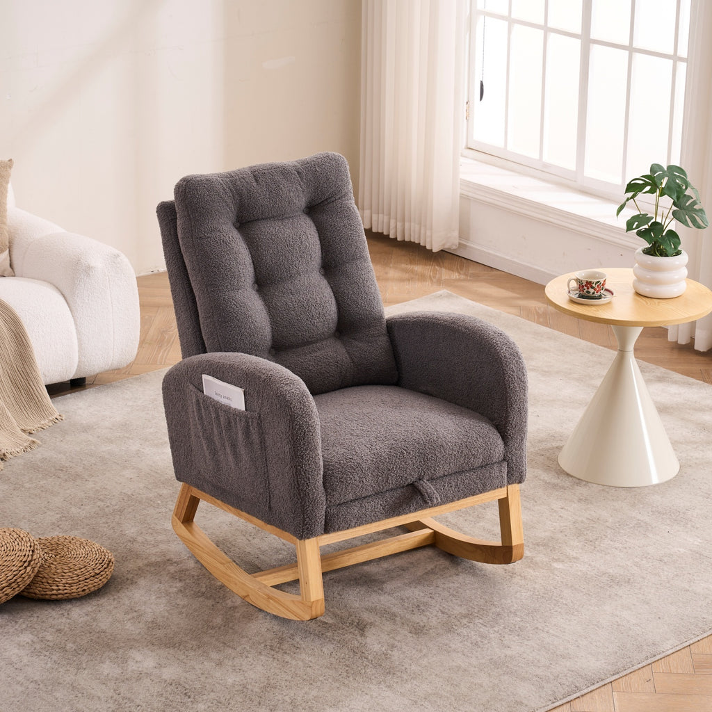 LY-5104 Dark Gray  Accent Rocking  Chair with  Footrest High Back Rubber Wood Rocking Legs Bedroom Living Space   26.77D X 38.36W X 39.76H Inch - Grand Goldman Shop