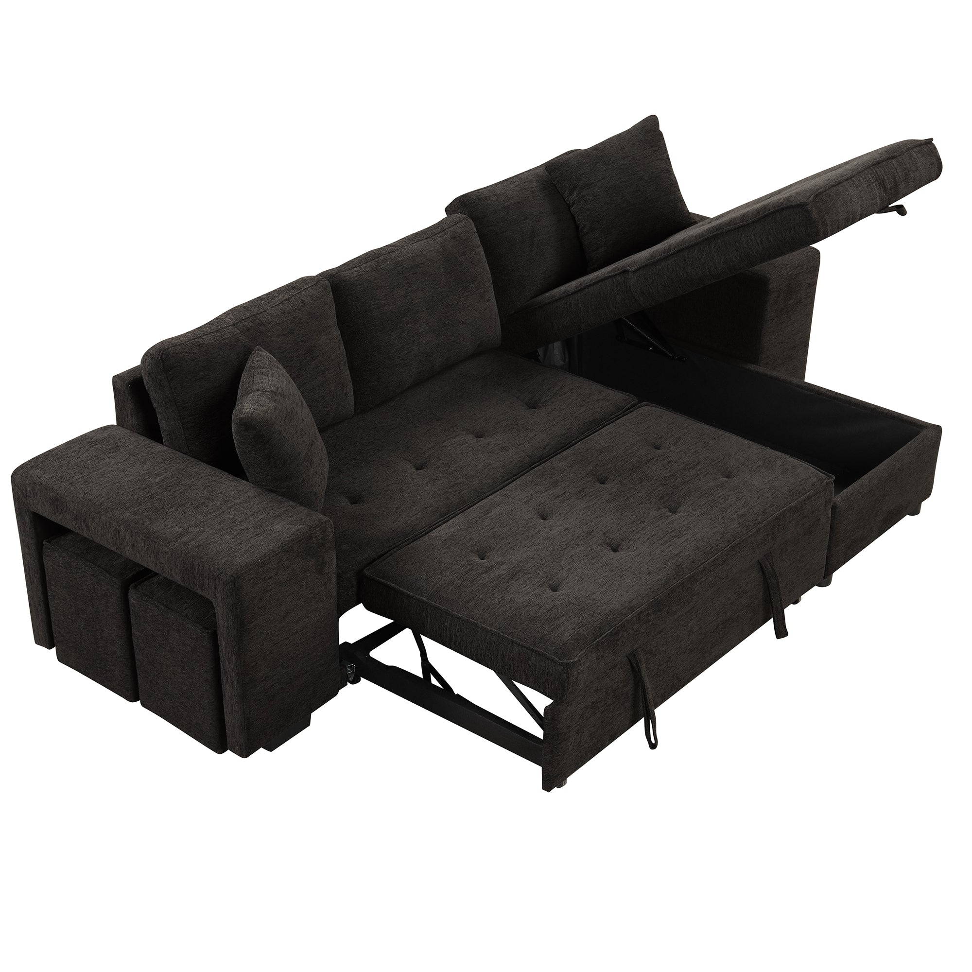Modern L-Shape 3 Seat Reversible Sectional Couch with Pull Out Sleeper Sofa, Storage Chaise, 2 Stools, Charcoal Grey, Linen Chenille - Grand Goldman Shop