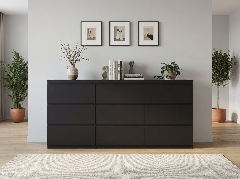 9 Drawer Dresser with No Handle Design, Modern Black Matte Wood Dresser for Bedroom, Storage Chest of Drawers for Living Room, Hallway, Entryway - Grand Goldman Shop
