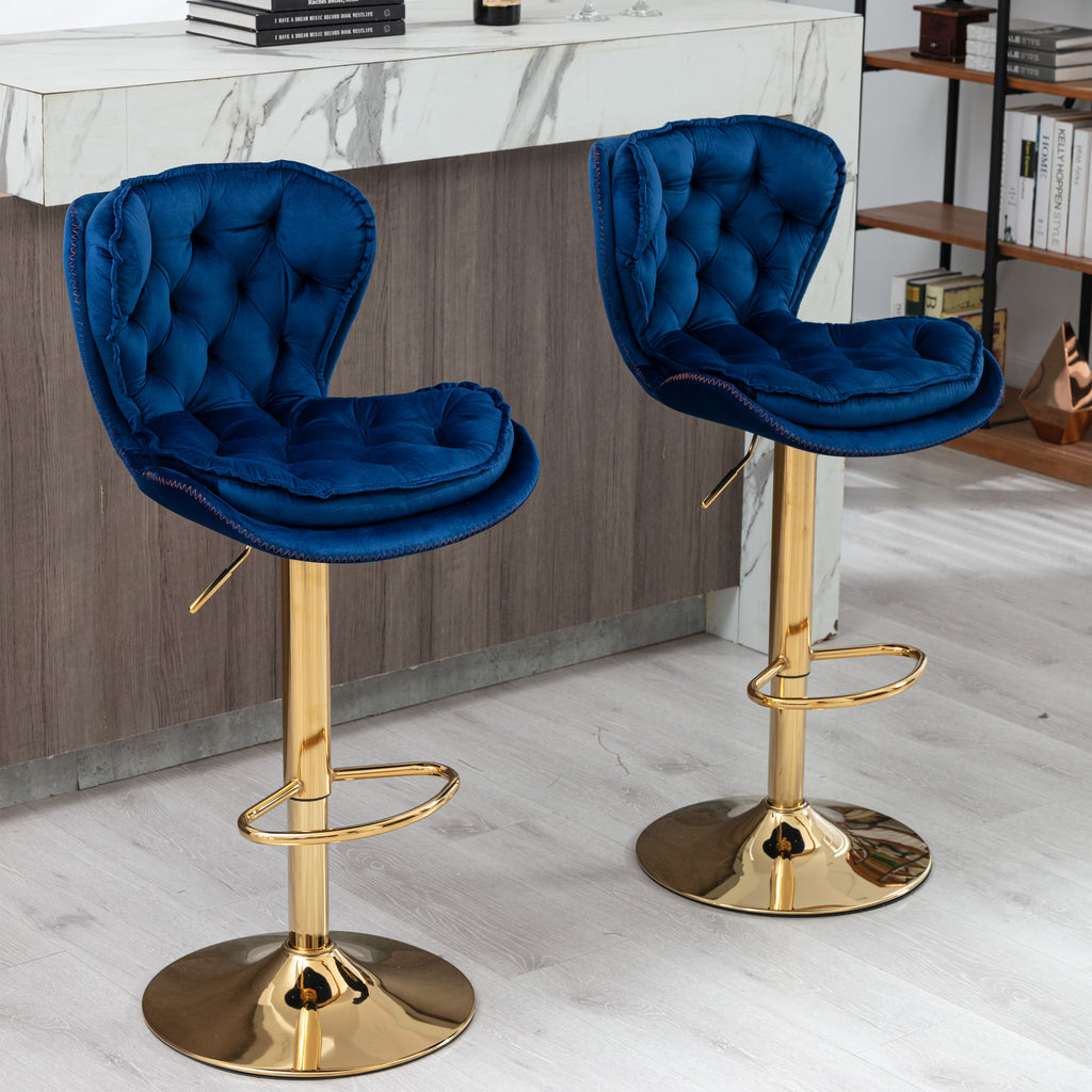 Set of 2  Bar Stools,with Chrome Footrest and Base Swivel Height Adjustable Mechanical Lifting Velvet + Golden Leg Simple Bar Stool-blue - Grand Goldman Shop