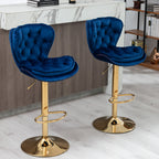 Set of 2  Bar Stools,with Chrome Footrest and Base Swivel Height Adjustable Mechanical Lifting Velvet + Golden Leg Simple Bar Stool-blue - Grand Goldman Shop