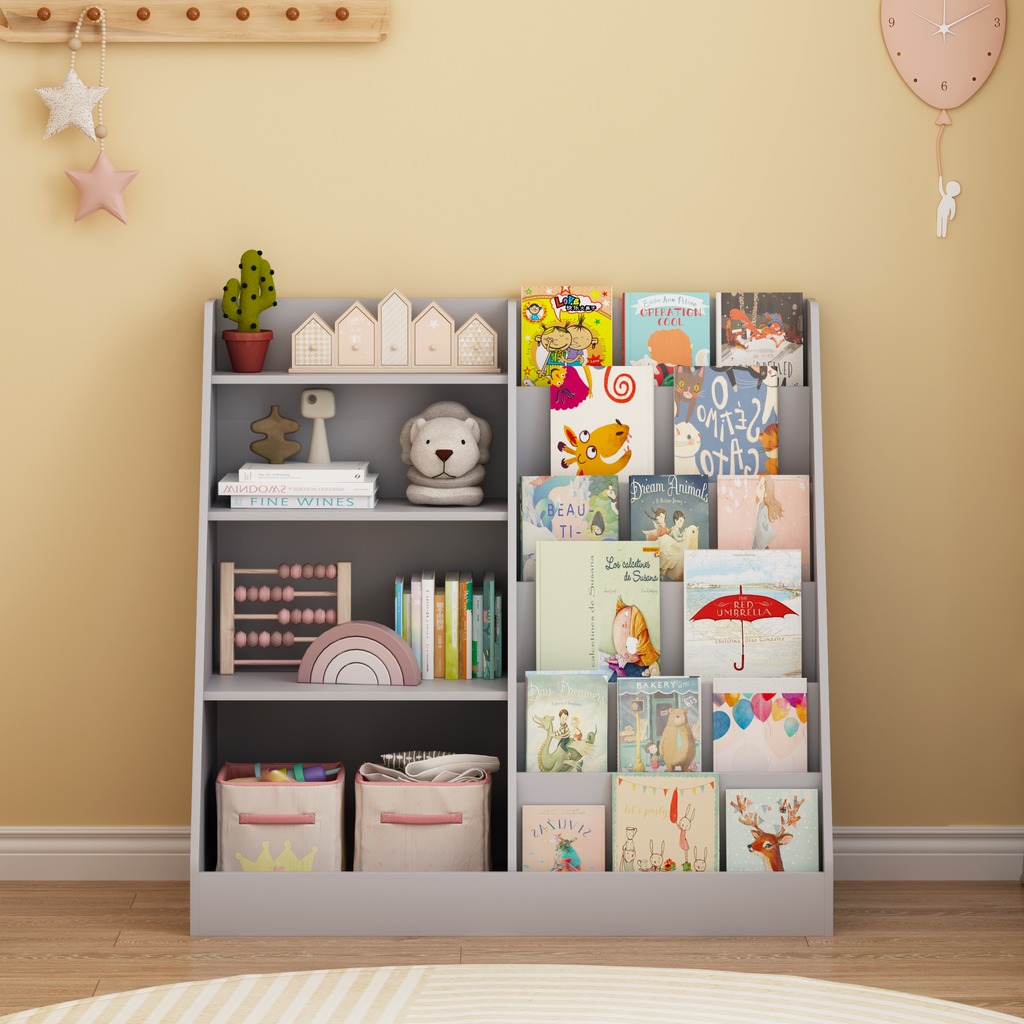 Kids Bookshelf and Toy Storage Organizer, Multifunctional 4 Tier Wooden Kids Book Shelf with  Bookcase Display Stand in Kids 