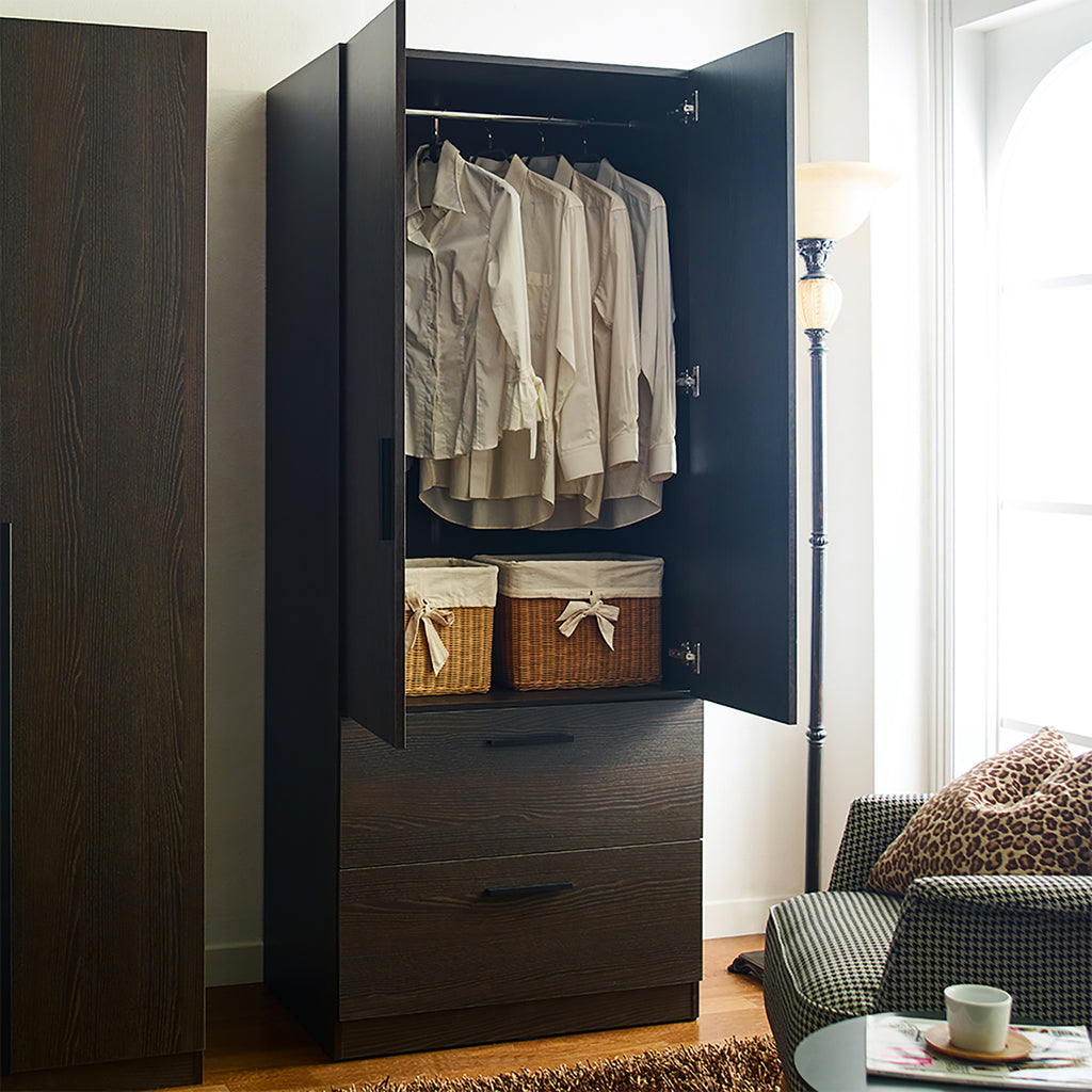 Brook Two-Door Wood Closet with Two Drawers and Hanging Bars in Dark Brown Solid Wood - Grand Goldman Shop