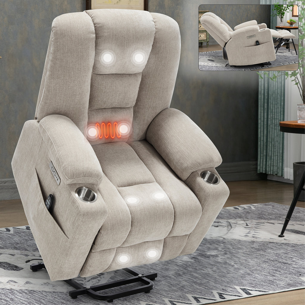 Power Lift Recliner Chair with Massage and Heat for Elderly, Overstuffed Wide Recliners, Heavy Duty Motion Mechanism with USB and Type C Ports, 2 Steel Cup Holders, Beige - Grand Goldman Shop