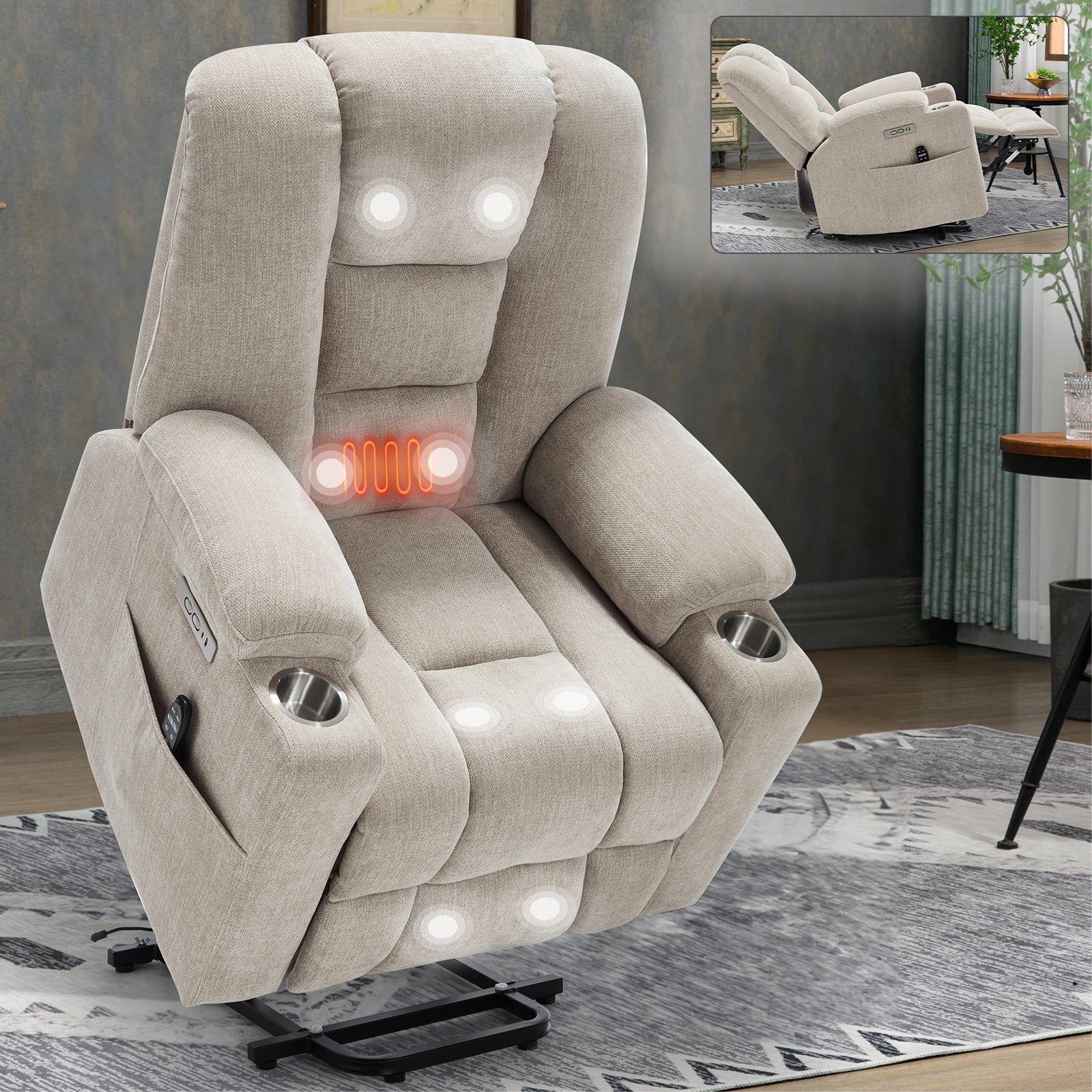 Power Lift Recliner Chair with Massage and Heat for Elderly, Overstuffed Wide Recliners, Heavy Duty Motion Mechanism with USB and Type C Ports, 2 Steel Cup Holders, Beige - Grand Goldman Shop