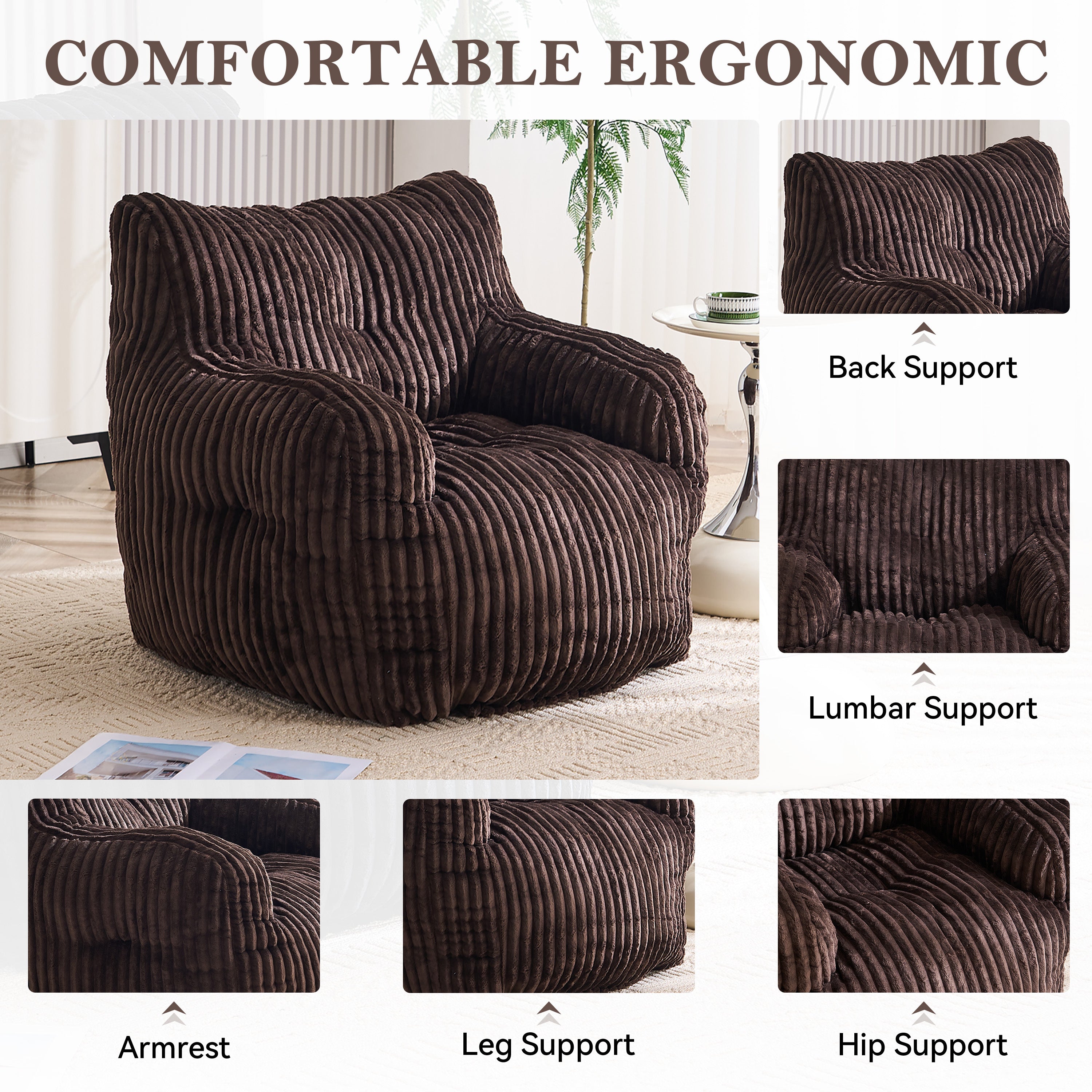 010-Soft Fluffy Corduroy Fabric Bean Bag Chair Filled With Memory Sponge,Brown - Grand Goldman Shop