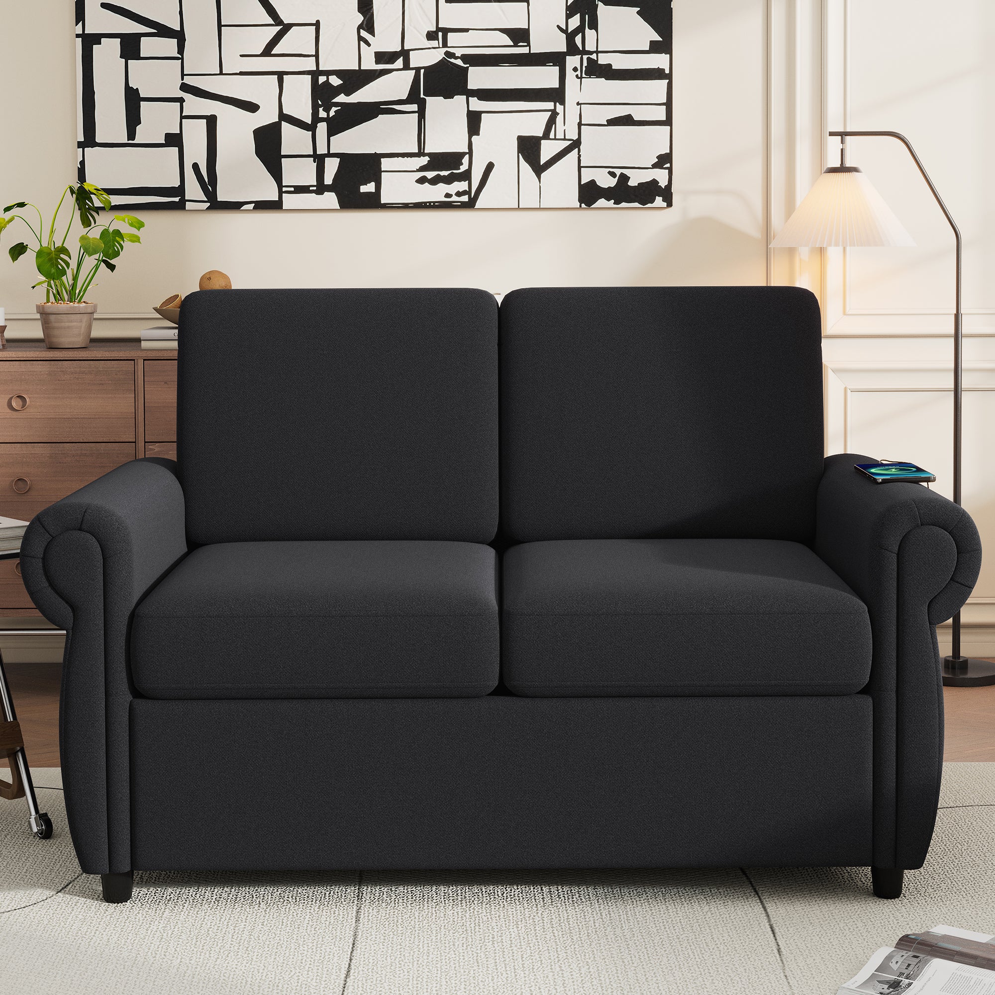 Orisfur Pull Out Sofa Bed Loveseat Sleeper with Twin Size Memory Foam Mattress & USB Ports, Black Linen - Grand Goldman Shop