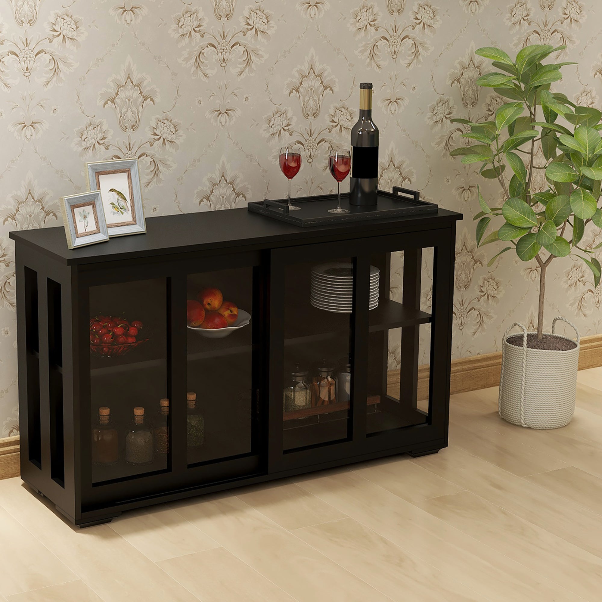 Kitchen Storage Stand Cupboard With Glass Door-Black - Grand Goldman Shop