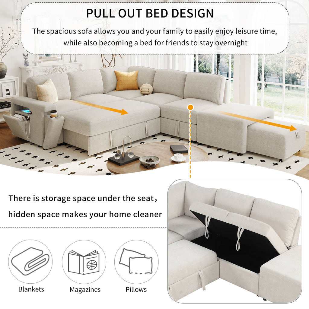 U_STYLE L-shaped Pull-Out Sofa Bed with Storage, USB Ports, and Cup Holders, Modular Design for Living Rooms, Offices & Apartments - Grand Goldman Shop