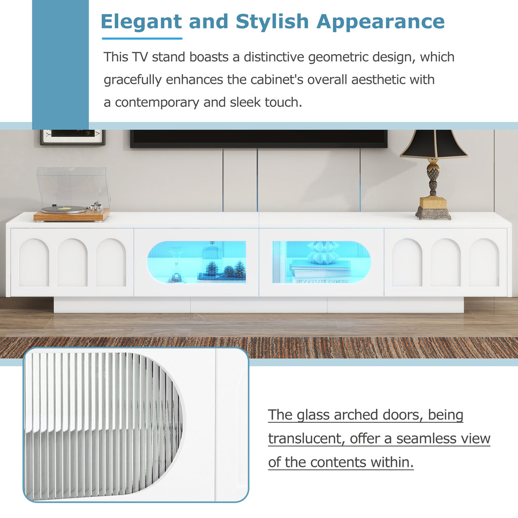 ON-TREND TV Stand with Fluted tempered Glass Doors for TVs Up to 95'', Functional Media Console with Arched Cabinet Doors, Entertainment Center with APP-Controlled LED Light for Living Room, White - Grand Goldman Shop