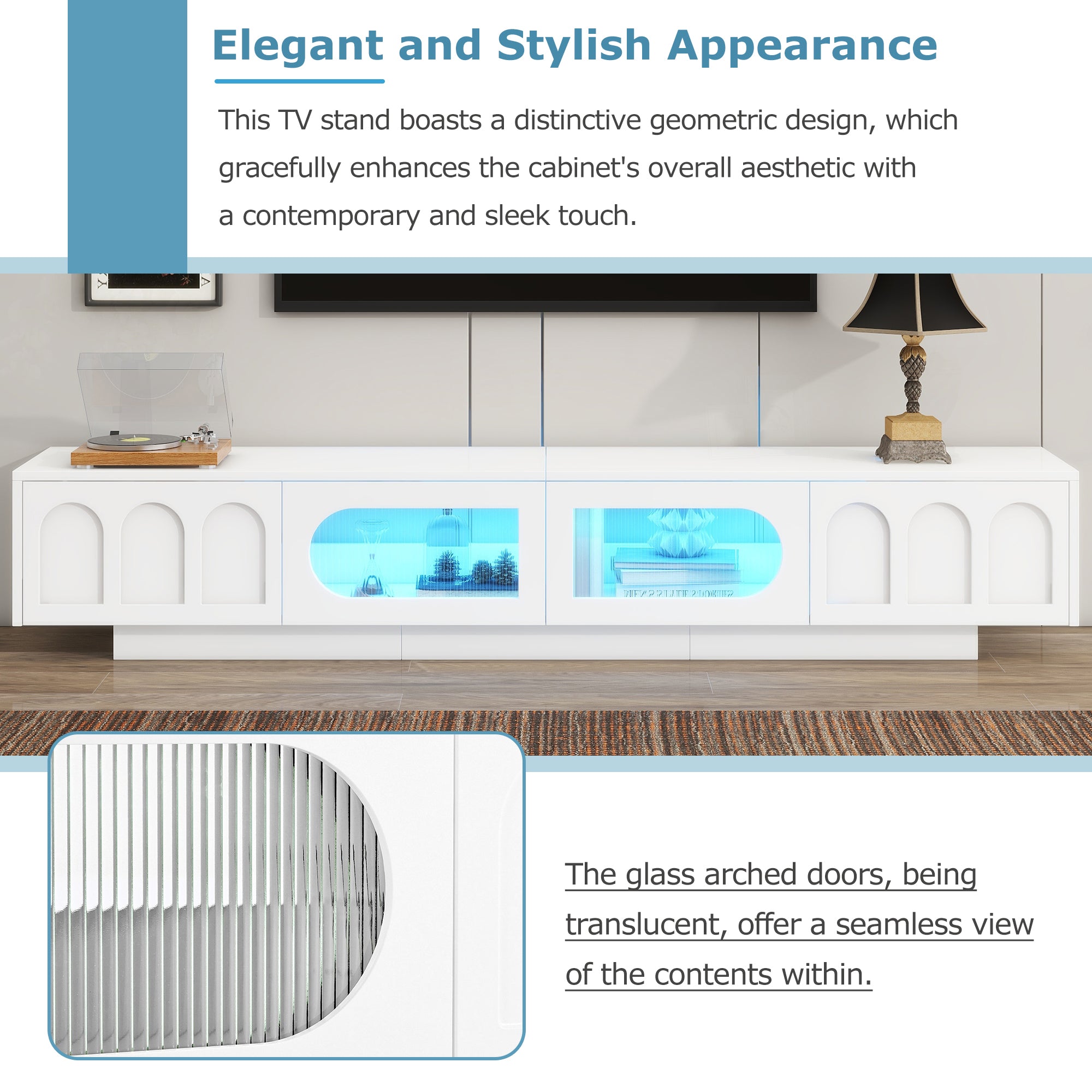 ON-TREND TV Stand with Fluted tempered Glass Doors for TVs Up to 95'', Functional Media Console with Arched Cabinet Doors, Entertainment Center with APP-Controlled LED Light for Living Room, White - Grand Goldman Shop