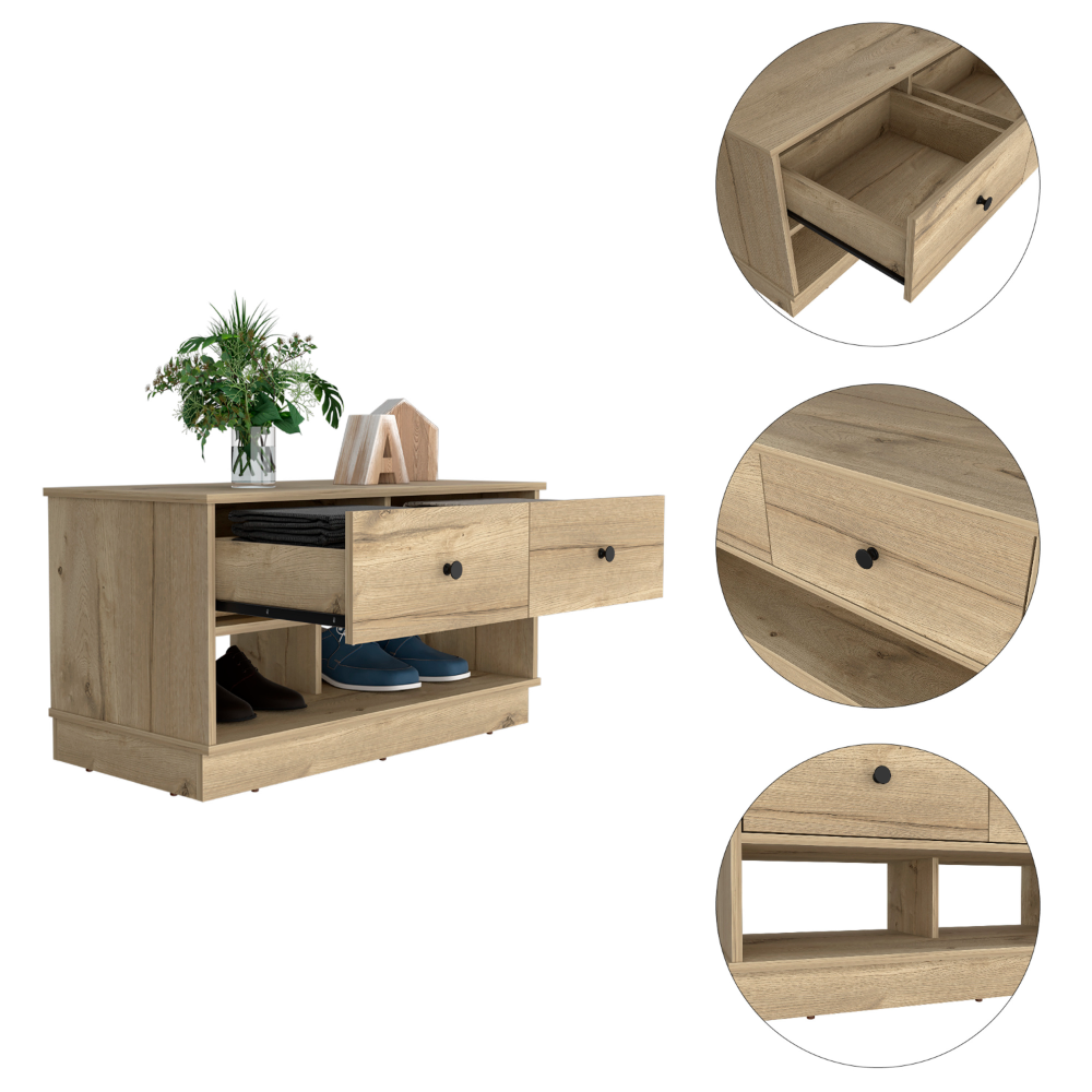 Hamilton Storage Bench, Two Open Shelves, Two Drawers -Light Oak - Grand Goldman Shop