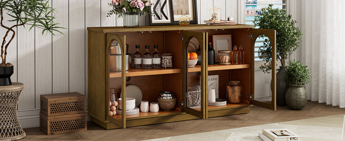 TREXM 4-Door Large Storage Buffet Cabinet with Glass Doors, Arched Cabinet with Adjustable Shelves for Kitchen, Dining Room and Living Room (Old Pine) - Grand Goldman Shop