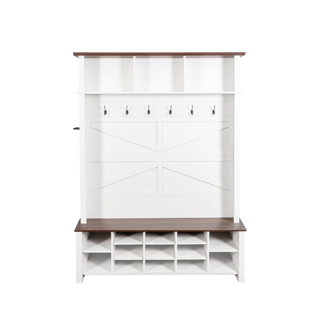 Farmhouse 4-in-1 Hall Tree with 6 Hooks, Walnut Entryway Bench with Shelves,  Wooden Style Rustic Shoe Organizer with 16 Open Compartments for Mudroom, Living Room, White (OLD SKU: N721P264915K) - Grand Goldman Shop