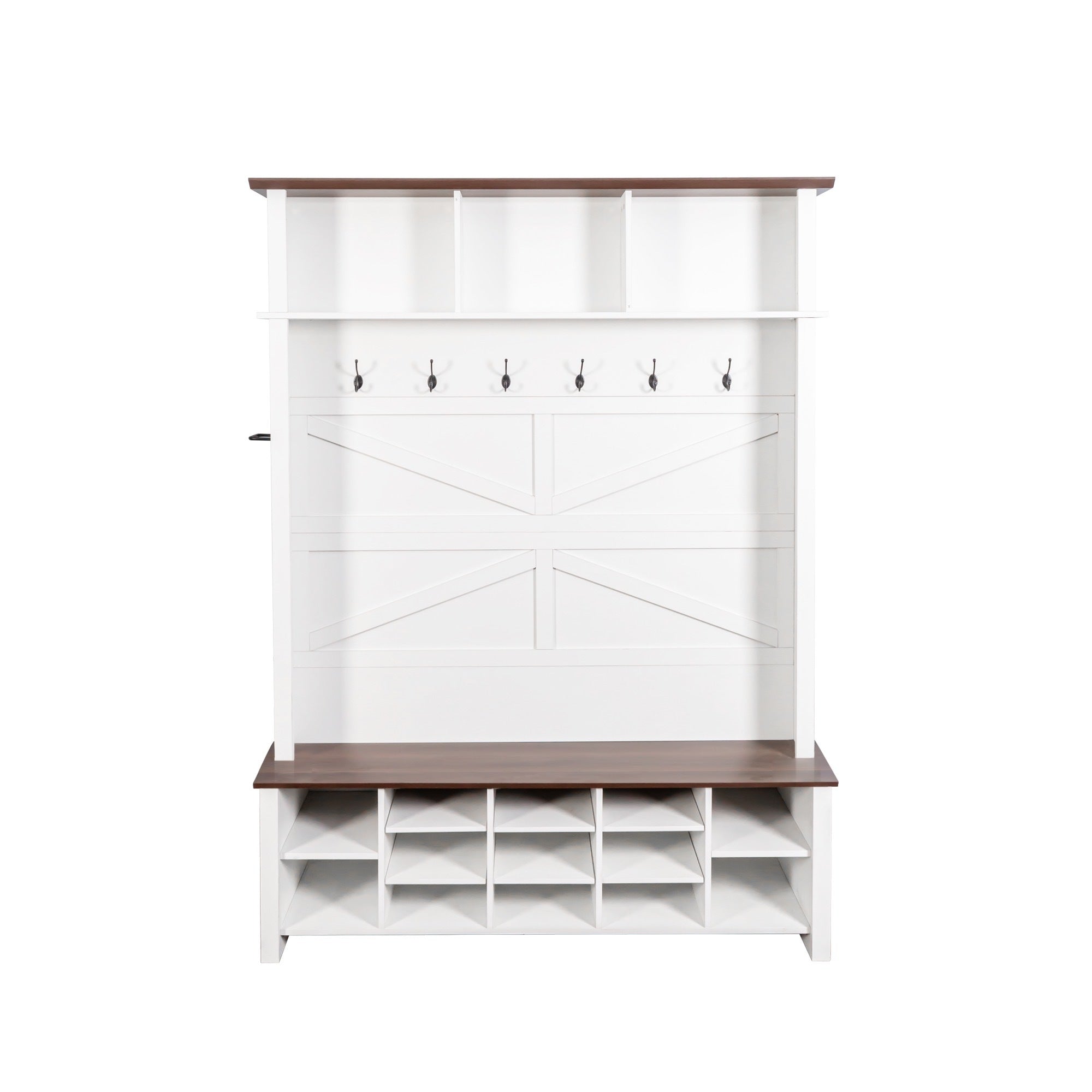 Farmhouse 4-in-1 Hall Tree with 6 Hooks, Walnut Entryway Bench with Shelves,  Wooden Style Rustic Shoe Organizer with 16 Open Compartments for Mudroom, Living Room, White (OLD SKU: N721P264915K) - Grand Goldman Shop