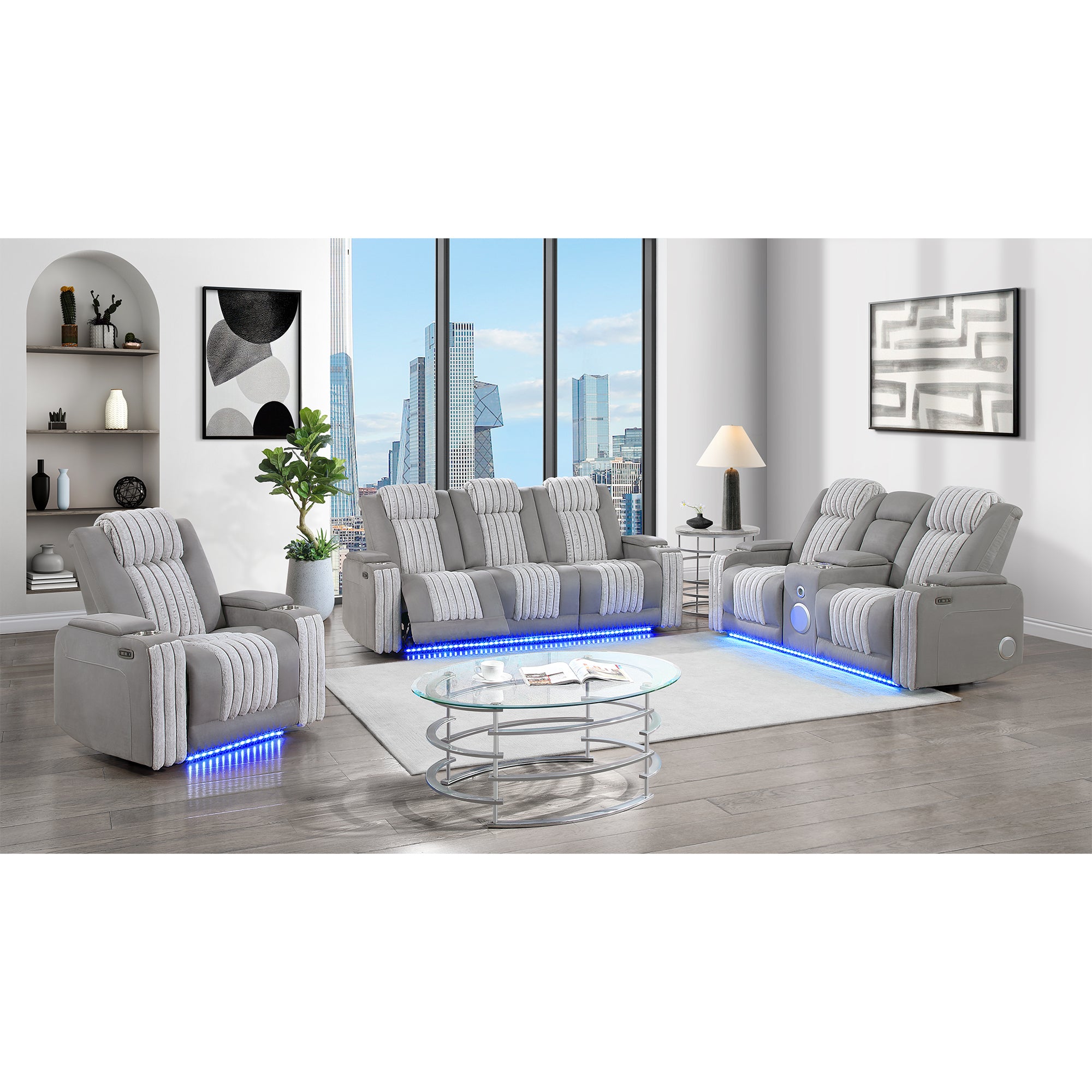Duran Grey 3PC Power Reclining Sofa-Loveseat and Recliner with Power Headrest, LED Light, USB, Bluetooth Speaker, Drop Down Table - Grand Goldman Shop