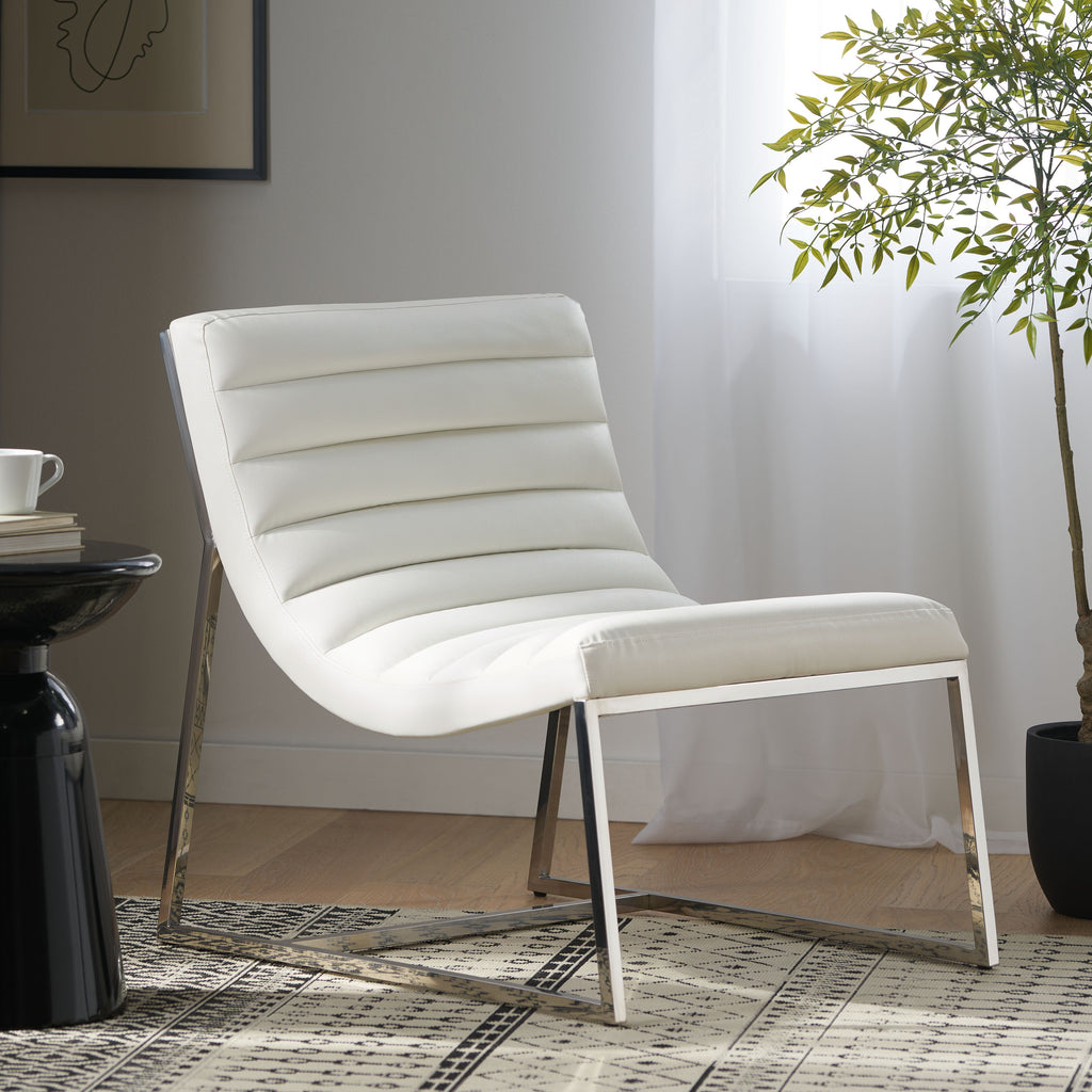 WILMOUTH ROLL OCCASIONAL CHAIR in White Leather with Chrome-Finished Steel Legs, Modern & Contemporary Style - Grand Goldman Shop