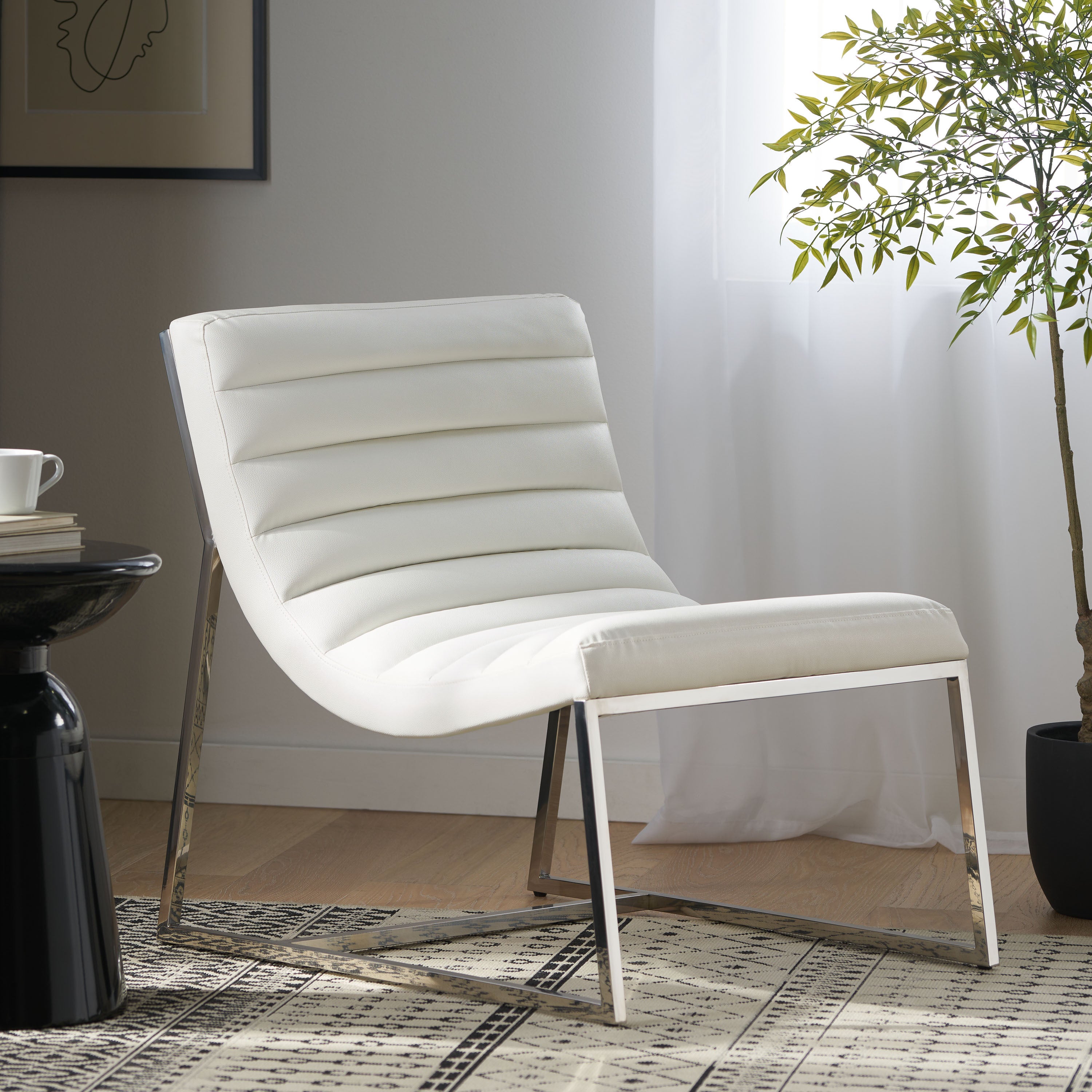 WILMOUTH ROLL OCCASIONAL CHAIR in White Leather with Chrome-Finished Steel Legs, Modern & Contemporary Style - Grand Goldman Shop