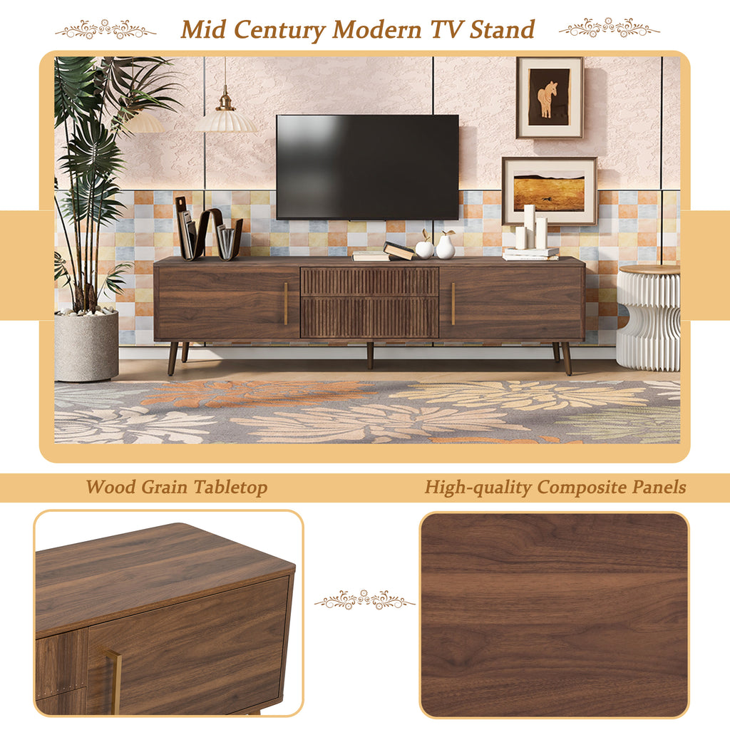 Mid Century TV Stand with 2 Drawers, Media Console Table for TVs up to 80'', Walnut Finish Solid Wood and MDF Entertainment Center for Living Room, Bedroom, Home Theatre - Grand Goldman Shop