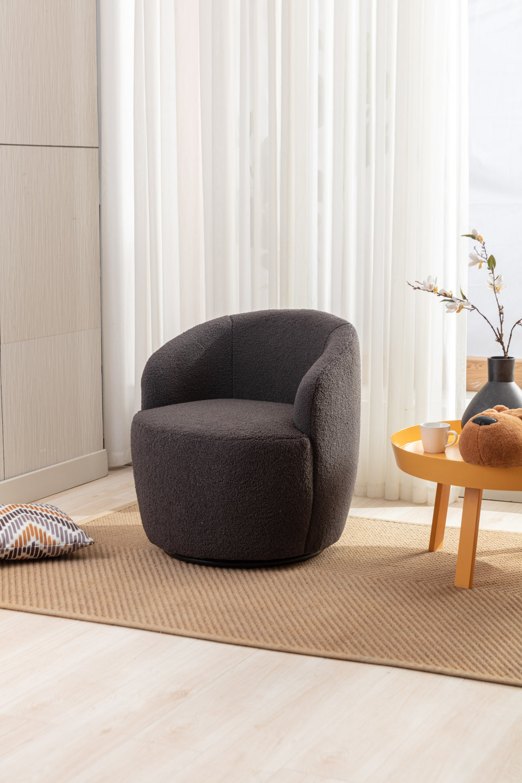 Teddy Fabric Swivel Accent Armchair Barrel Chair With Black Powder Coating Metal Ring,Dark Gray - Grand Goldman Shop