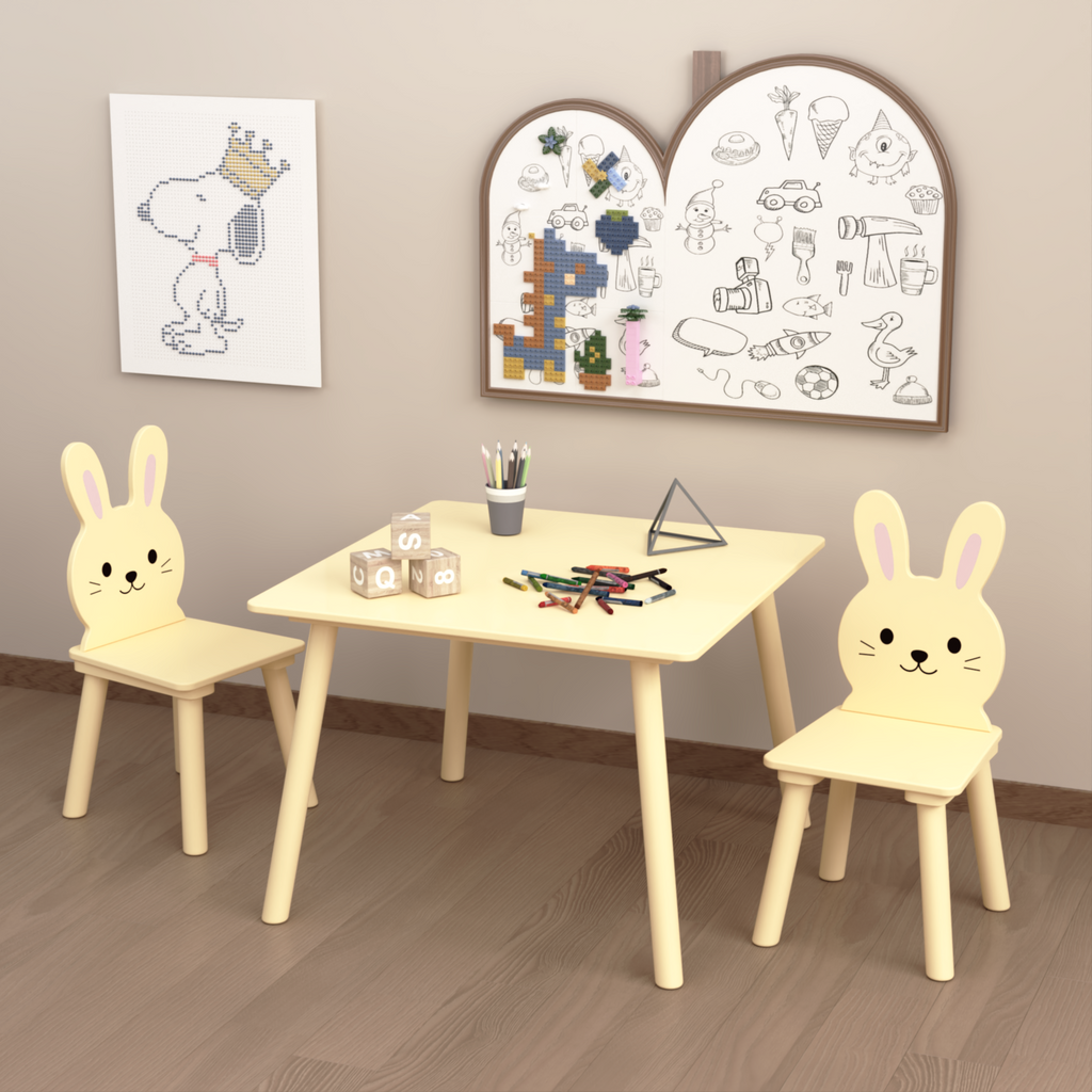 Kids Table and Chair Set with 2 Bunny Chairs, Children's Wooden Activity Table for Toddlers, Cute Animal Design Study Play Se
