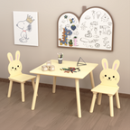 Kids Table and Chair Set with 2 Bunny Chairs, Children's Wooden Activity Table for Toddlers, Cute Animal Design Study Play Se