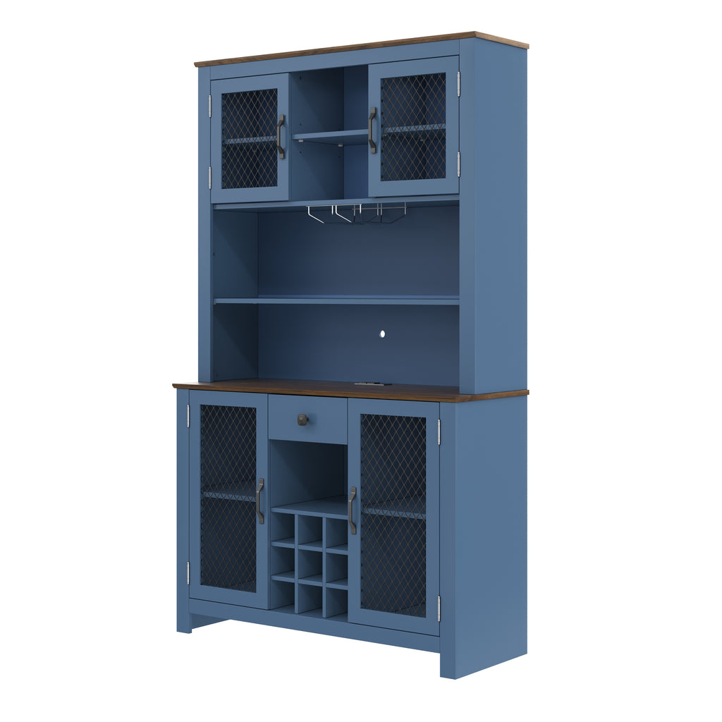 70.9' Kitchen Pantry Storage Cabinet Rustic Buffet Cabinet, Kitchen Hutch Cabinet with LED Outlets Food Pantry Cabinet with Doors and Shelves Wine Rack for Dining Room, Navy Blue - Grand Goldman Shop