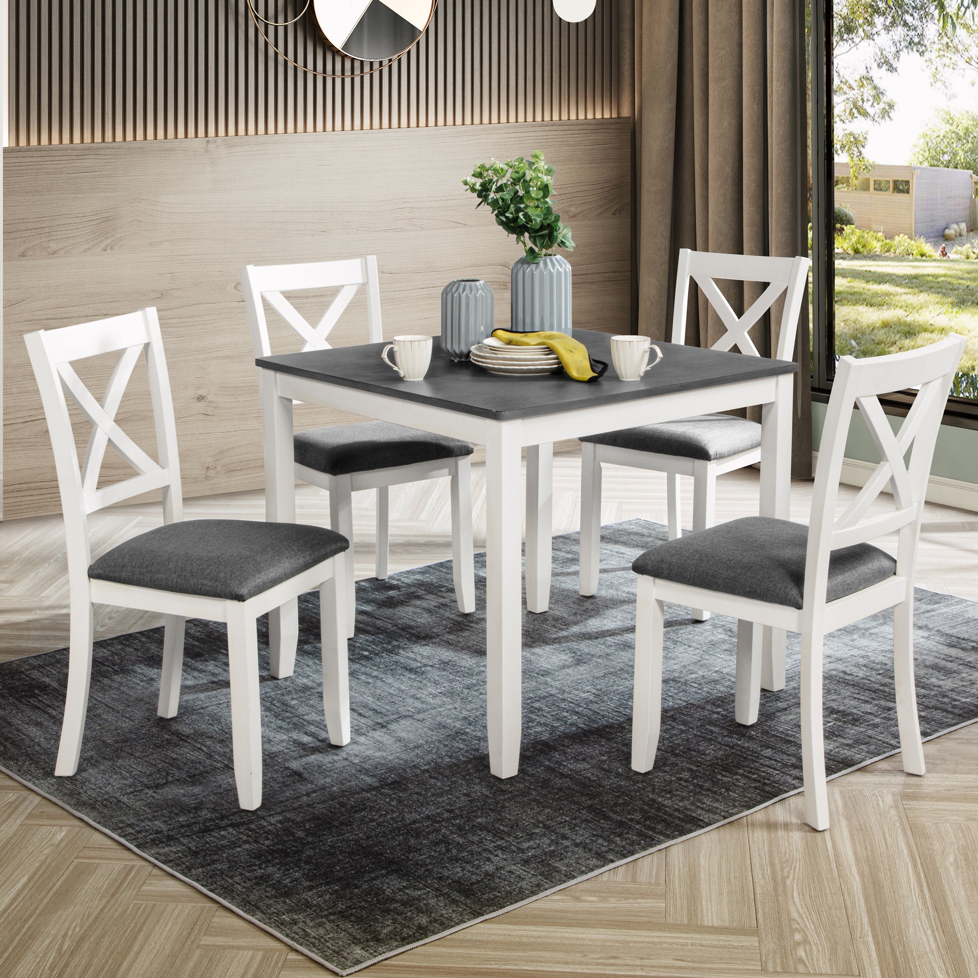 Modern 5-Piece Dining Table Set with 4 Chairs for Kitchen or Dining Room – Grey & White Two-Tone - Grand Goldman Shop