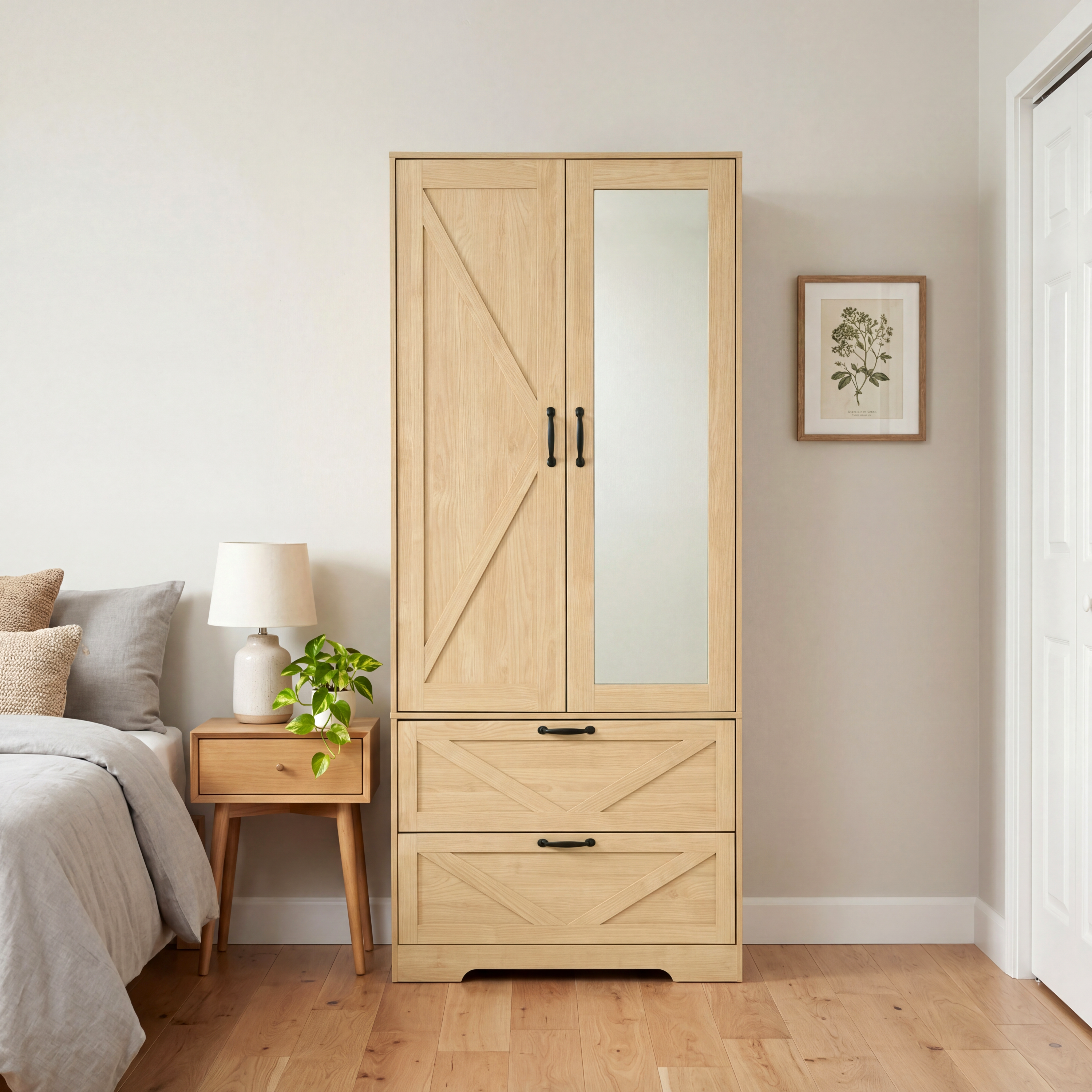 2 Door Wood Wardrobe for Bedroom with Hanging Clothing Rod inside the Cabinet and 2 Drawers for Storage Organization, Built-in induction light Multifunctional Closet with Mirror, Natural - Grand Goldman Shop