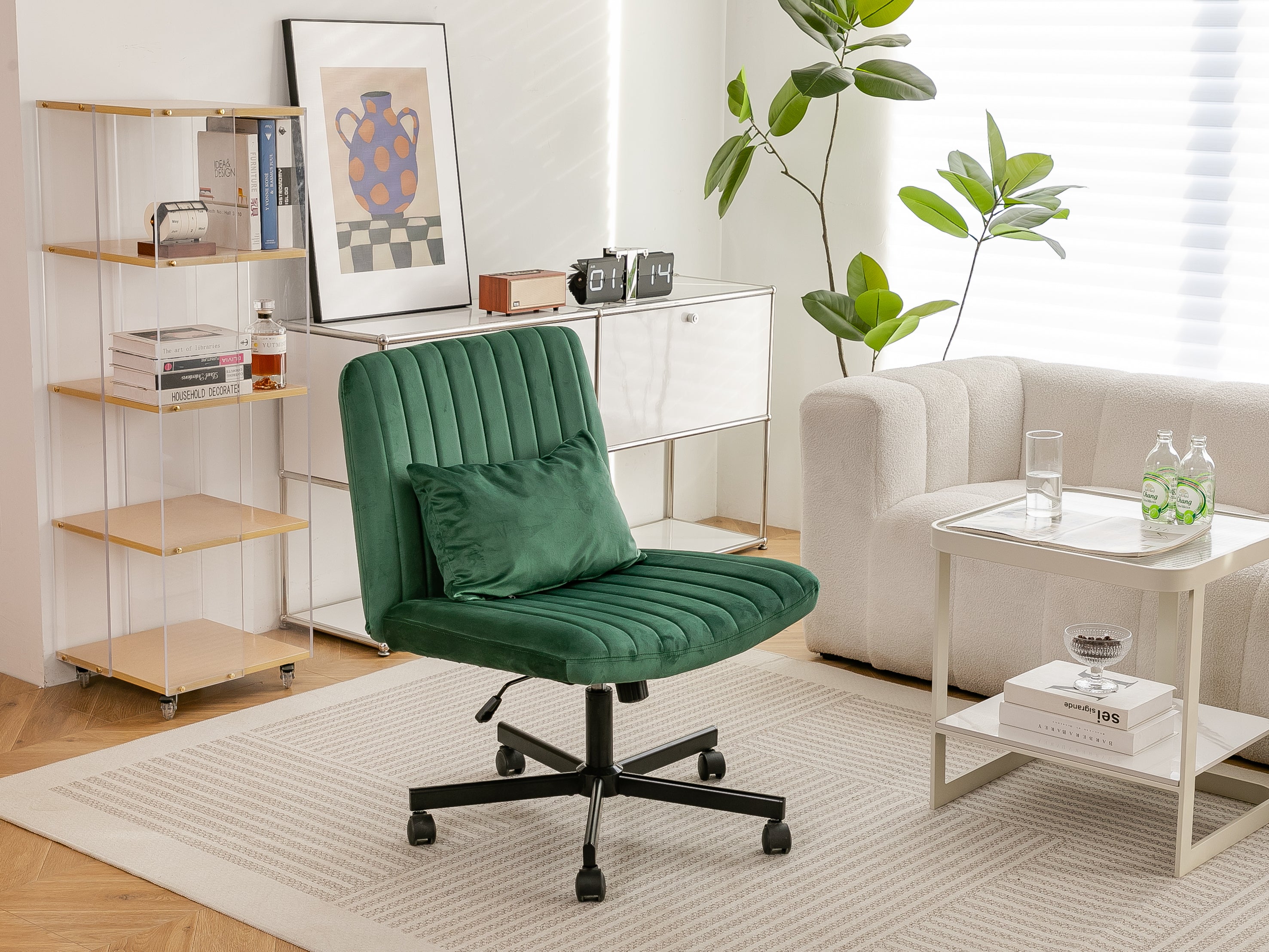 Green Velvet Criss Cross Armless Office Chair with Wheels - Comfortable & Stylish for Home Office, Meditation, and Makeup Use
