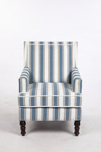 Upholstered Accent Chair, Vintage Armchair with Blue and White Striped Linen Fabric and Nailhead Trim for Living Room - Grand Goldman Shop