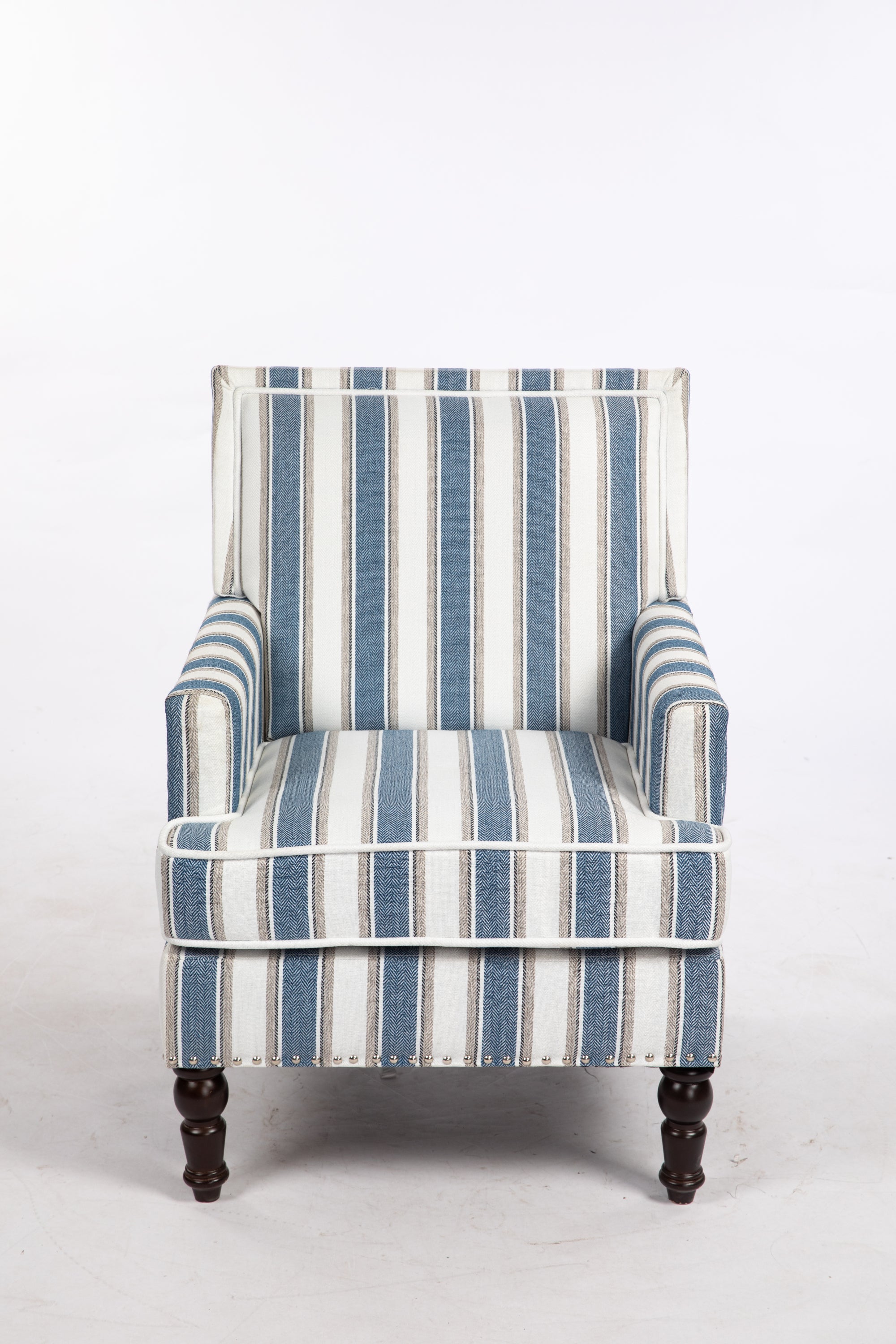 Upholstered Accent Chair, Vintage Armchair with Blue and White Striped Linen Fabric and Nailhead Trim for Living Room - Grand Goldman Shop