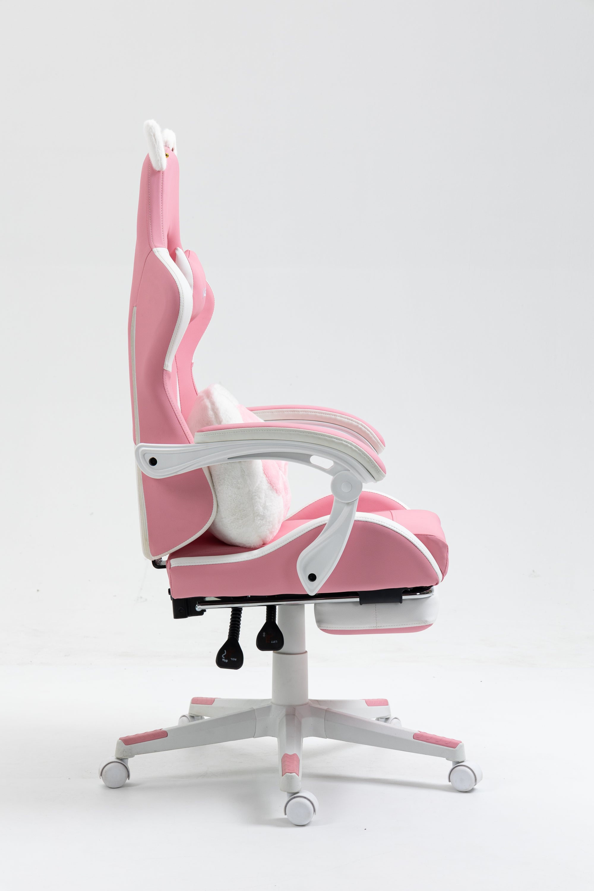 Cat Ears Pink Gaming Chair - Pink PU Leather Ergonomic Reclining Office Chair with Footrest, 310lb Capacity, 6-Position Recli