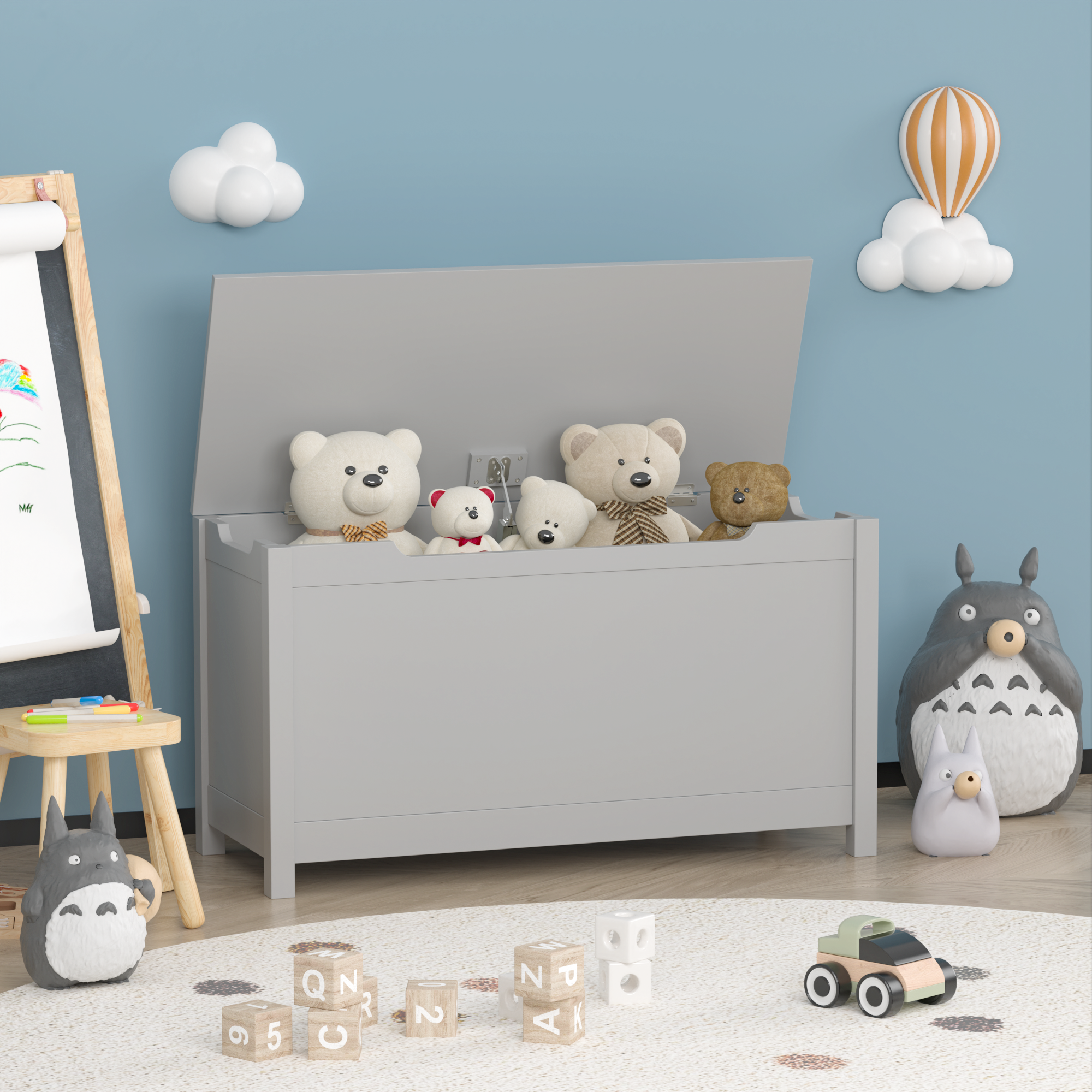 Kids Wooden Toy Box Storage with Safety Hinged Lid for Ages 2+ (Gray) | Premium Home Decor - Grand Goldman
