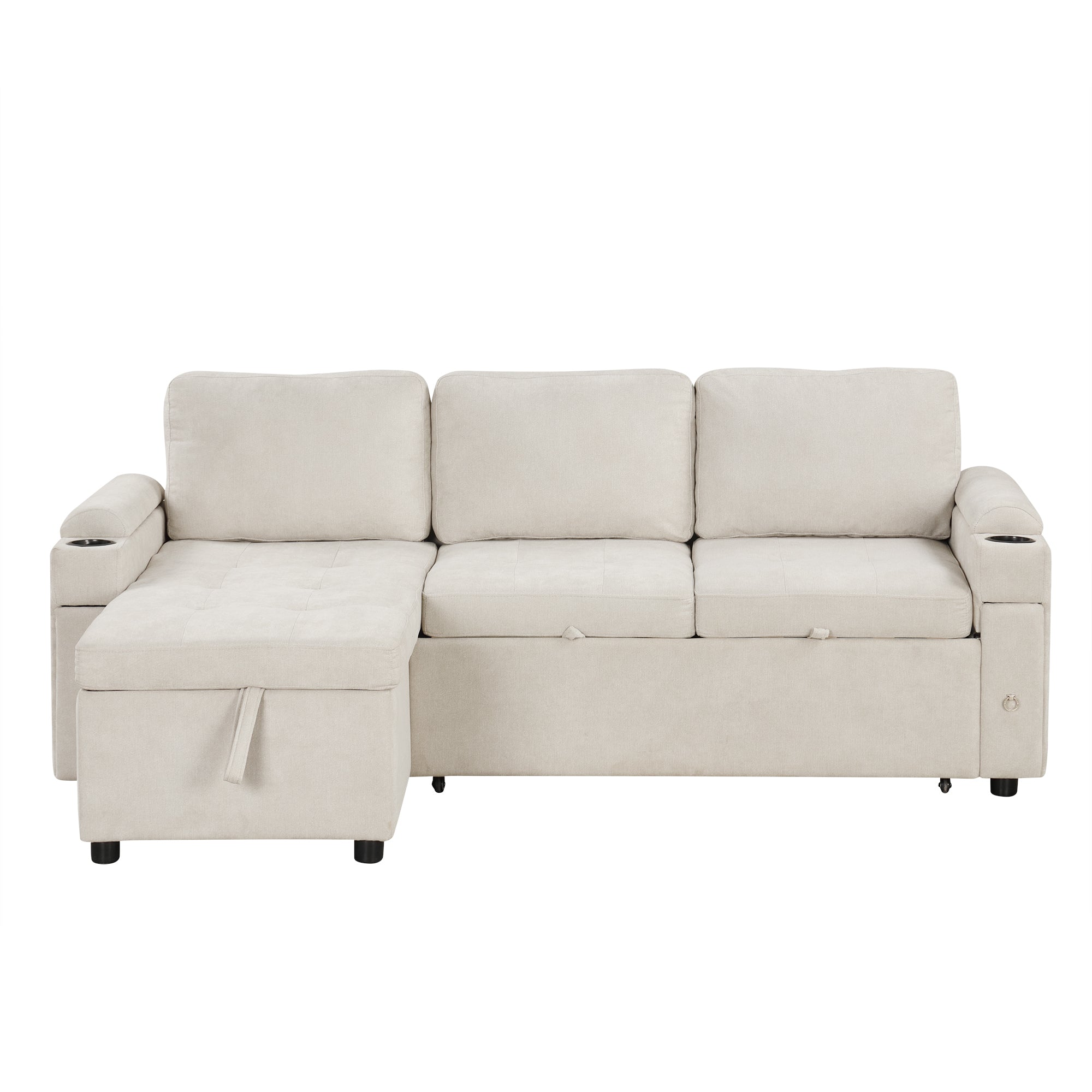 Convertible L-shaped Beige Sofa Couch with Storage, Cup Holders, USB Ports, Chenille Fabric - Grand Goldman Shop