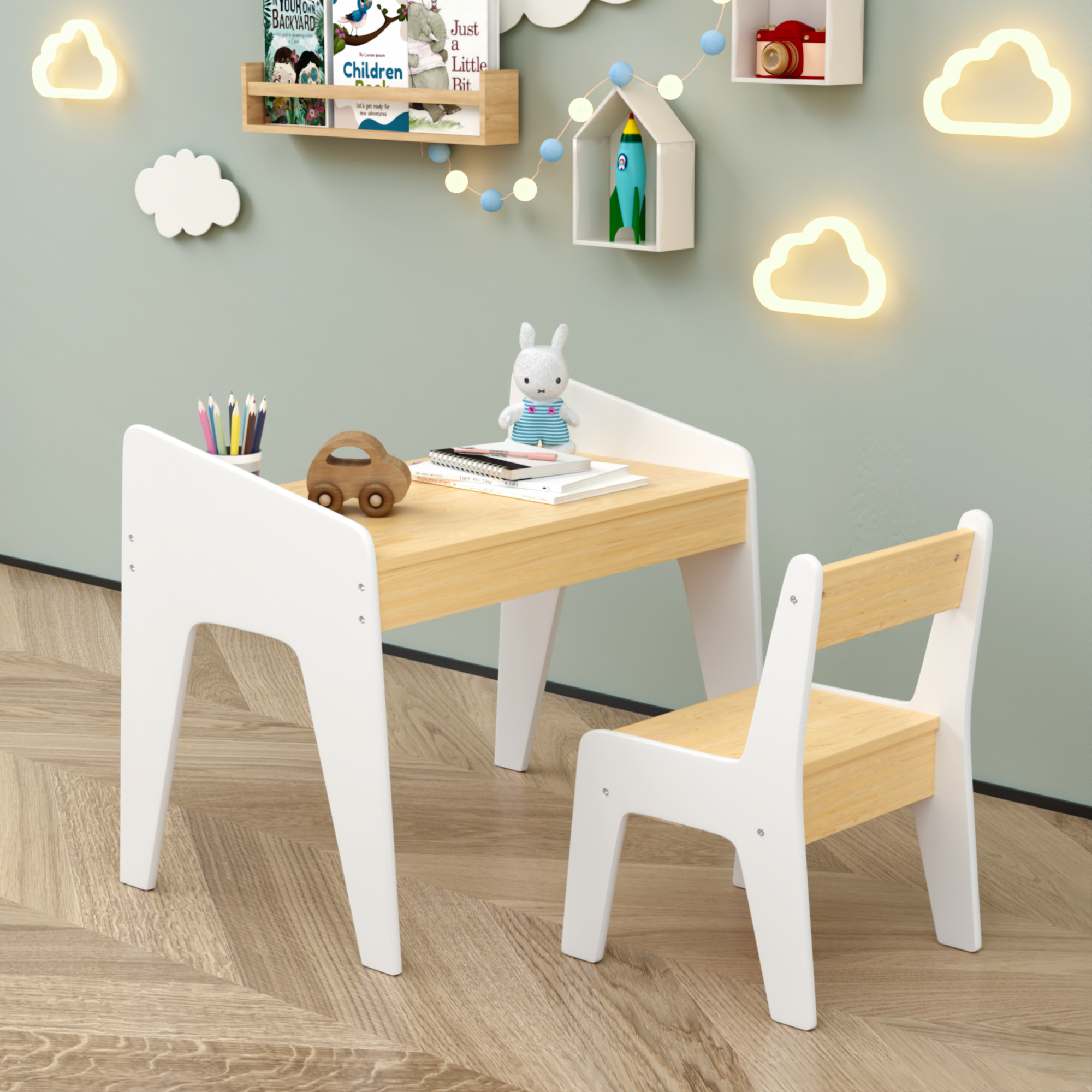 Kids Table Set with One Chair, Wooden Children Study Table, 2-8  Age Kids Funiture , White+Natural | Premium Home Decor - Gra